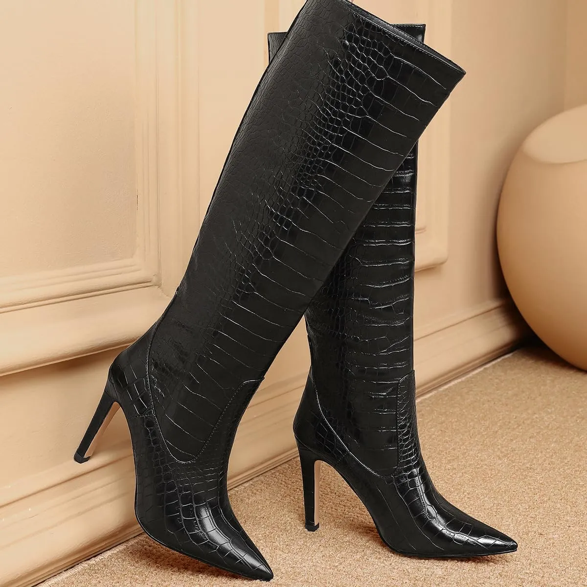 Slim Knee High Boots for Women Faux Crocodile High Heel Pointed Toe Tall Boots