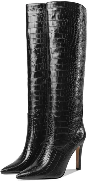 Slim Knee High Boots for Women Faux Crocodile High Heel Pointed Toe Tall Boots