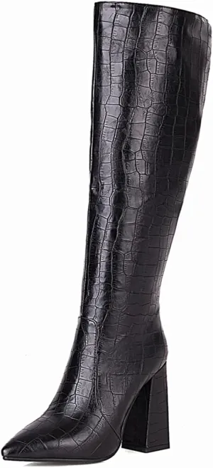 Slouch Knee High Boots for Women Fashion Faux Crocodile Boots