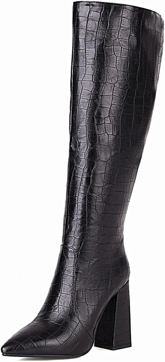 Slouch Knee High Boots for Women Fashion Faux Crocodile Boots