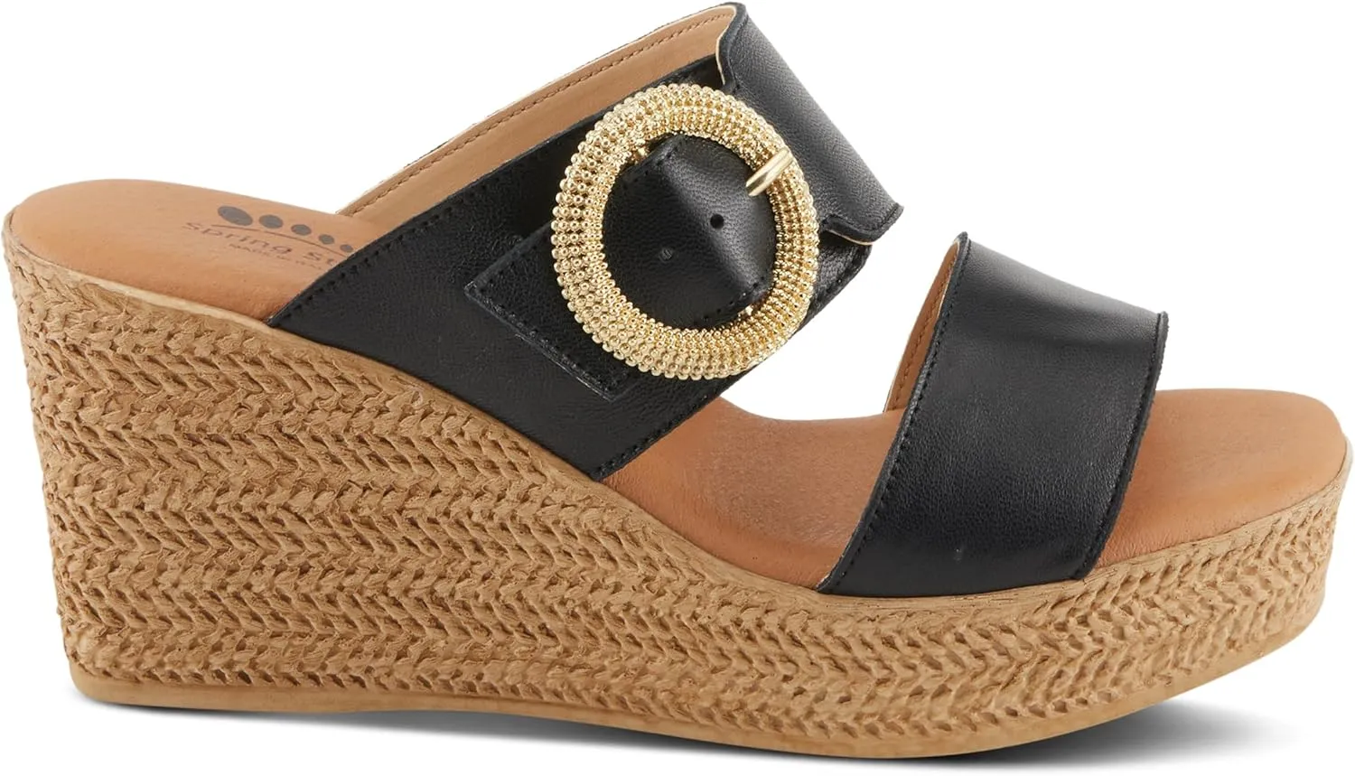 Spring Step MARES Women's Wedge Slip-On Sandals - Chic Buckle Detail, Dual Leather Straps, Comfortable Footbed, Platform for Added Height