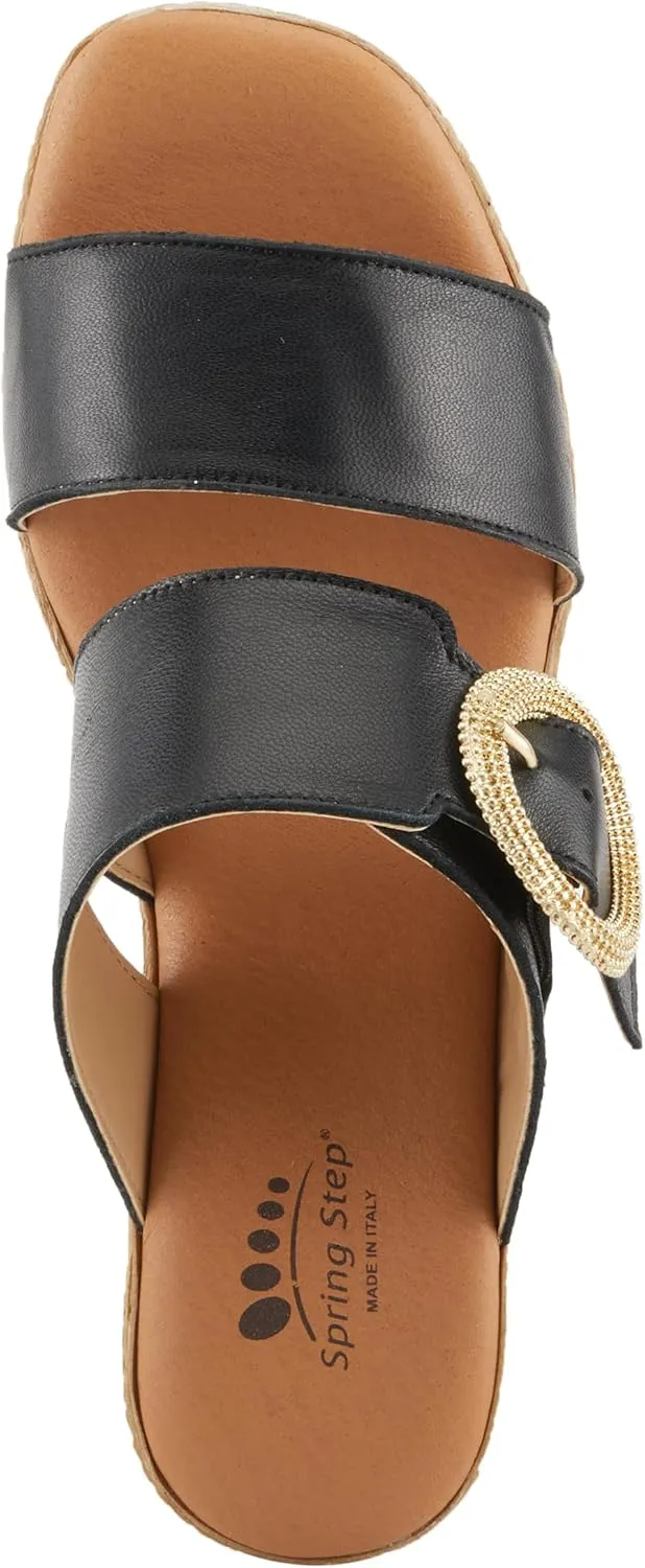 Spring Step MARES Women's Wedge Slip-On Sandals - Chic Buckle Detail, Dual Leather Straps, Comfortable Footbed, Platform for Added Height