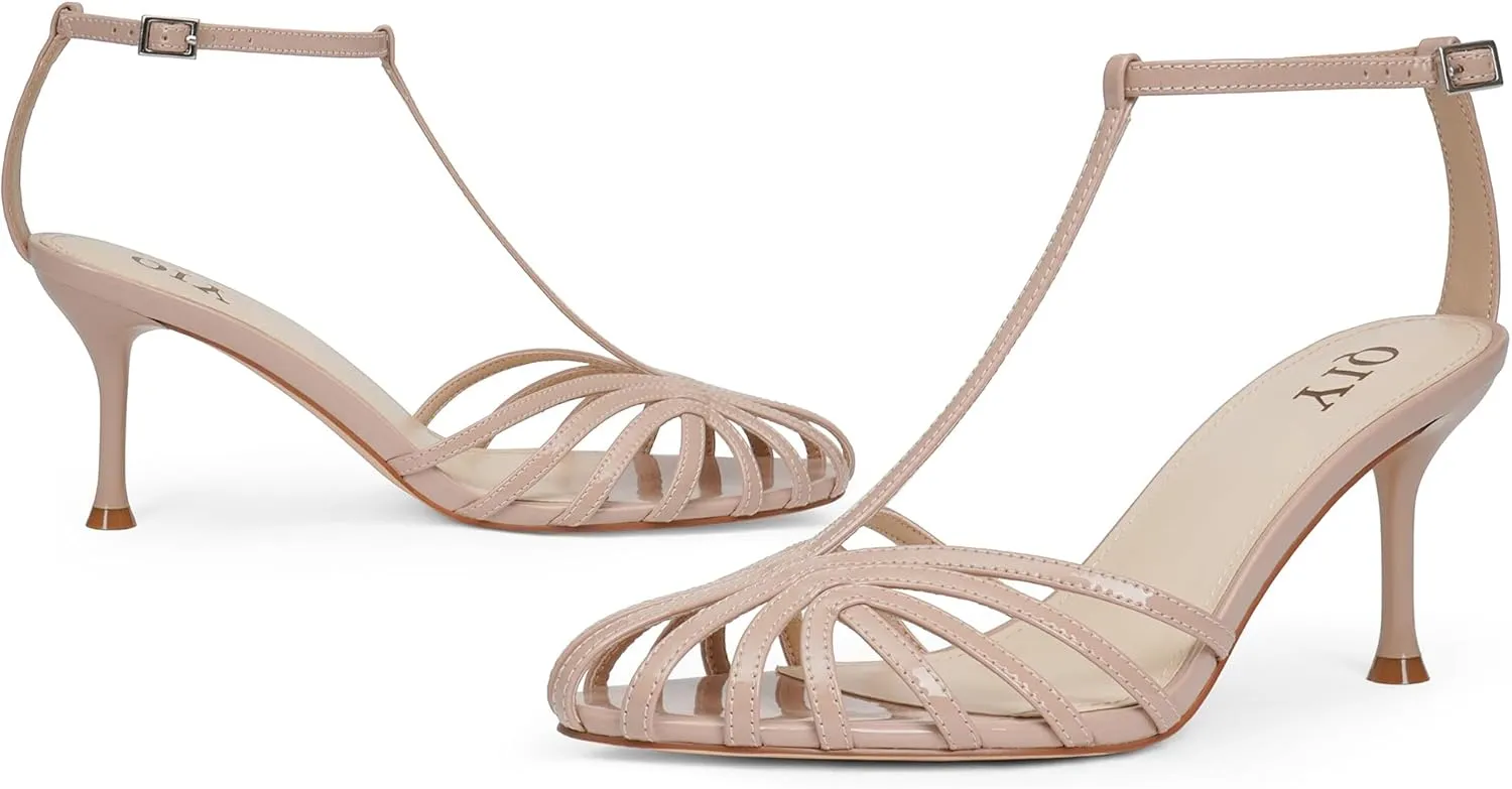 Strappy Heels for Women Cage Round Toe Heel Sandals Ankle T Strap Stiletto High Heels Dress Shoes