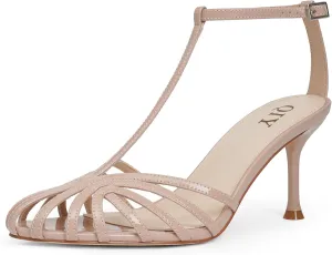 Strappy Heels for Women Cage Round Toe Heel Sandals Ankle T Strap Stiletto High Heels Dress Shoes