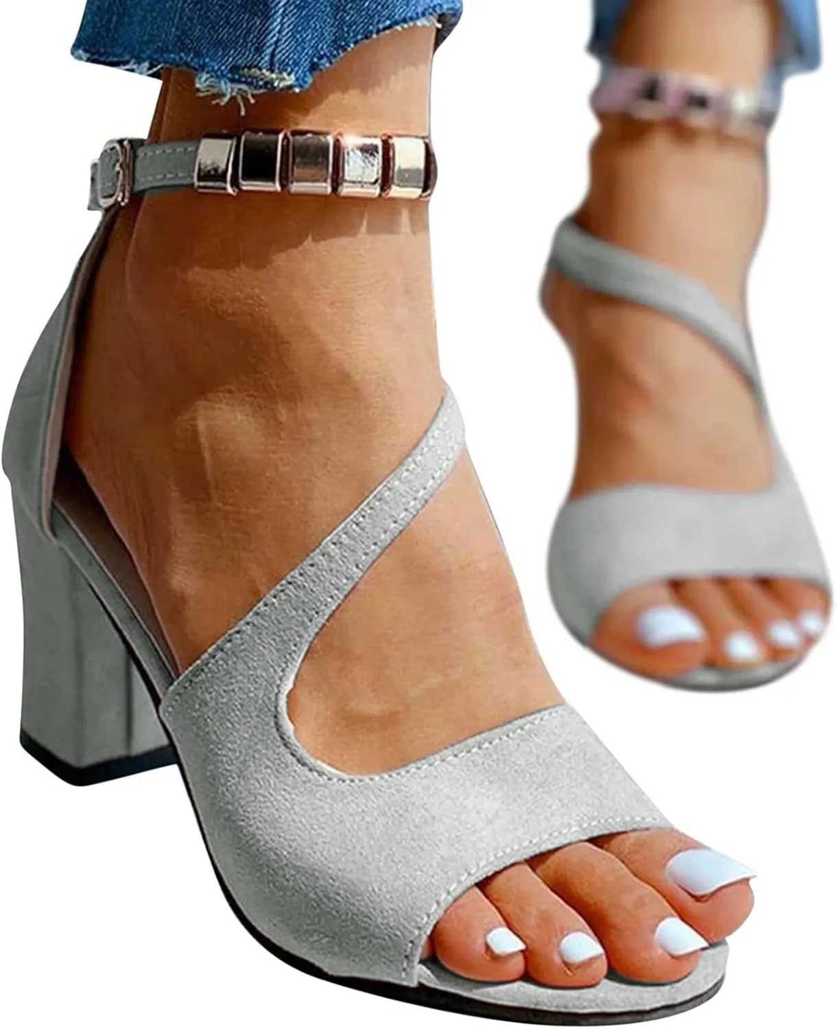 Strappy Heels for Women Open Toe Square Toe Chunky Block Heel Ankle Strap Dress Shoes
