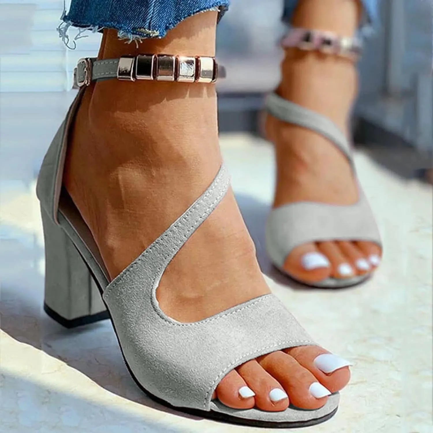 Strappy Heels for Women Open Toe Square Toe Chunky Block Heel Ankle Strap Dress Shoes