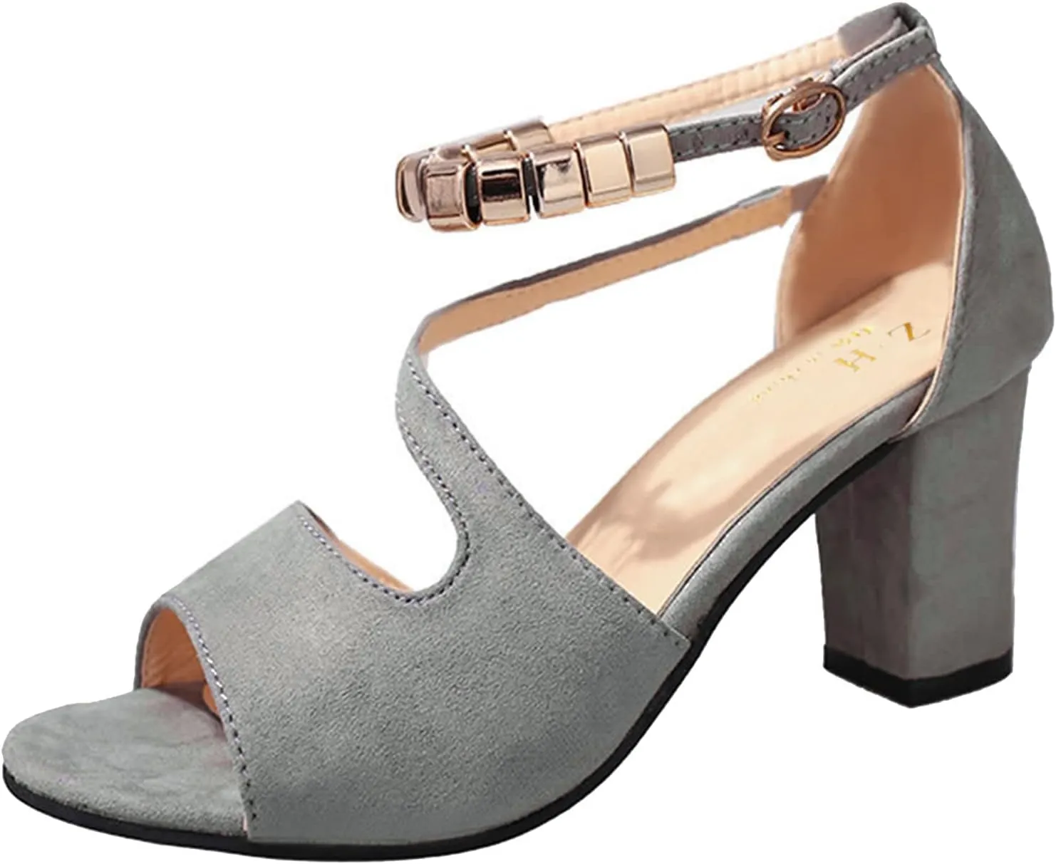 Strappy Heels for Women Open Toe Square Toe Chunky Block Heel Ankle Strap Dress Shoes