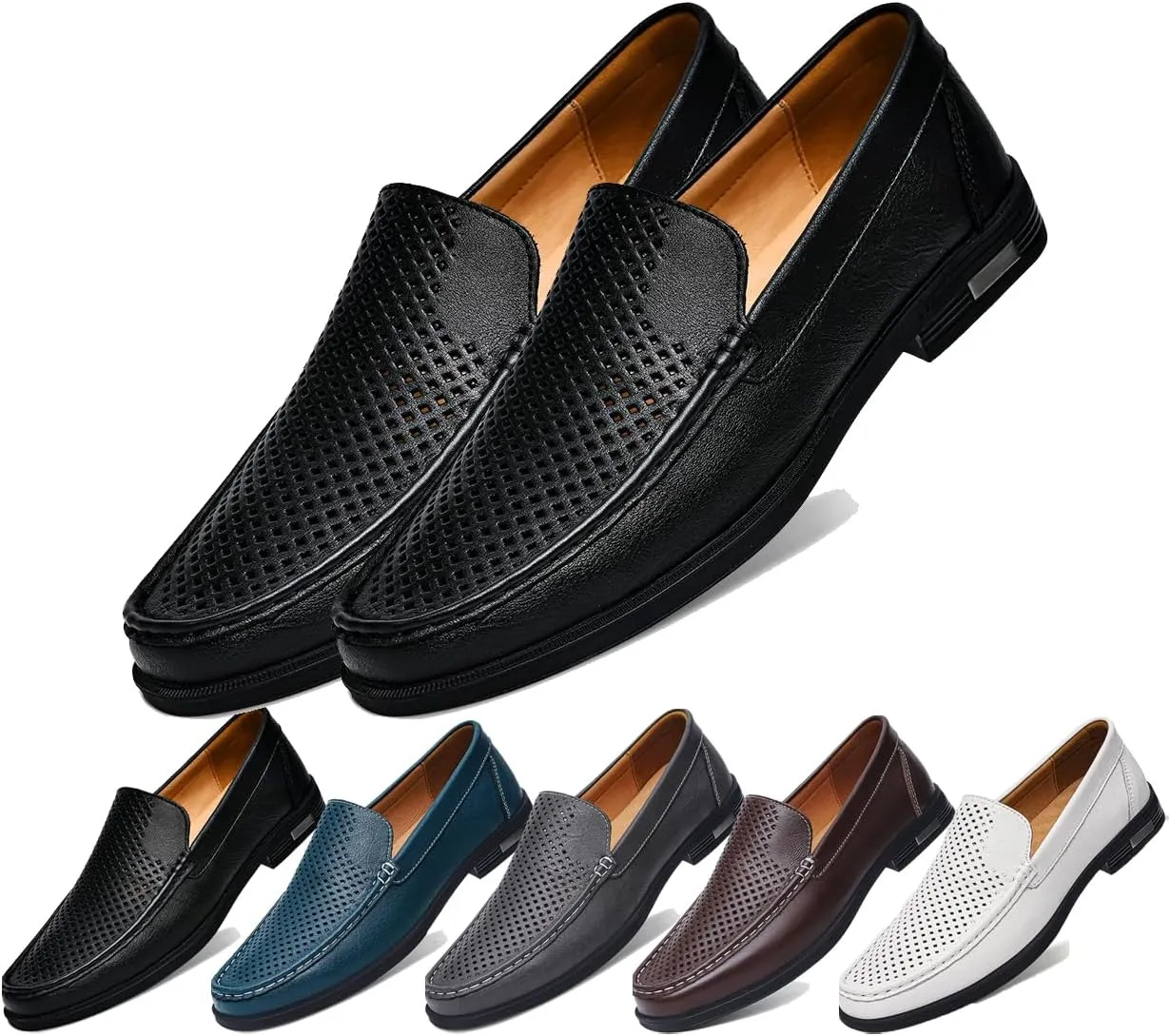 Stylish Men's Leather Slip-On Loafers - Elegant Round Toe Casual Dress Shoes for Office, Driving, and Special Occasions. Luxurious Comfort with Breathable Soft Soles