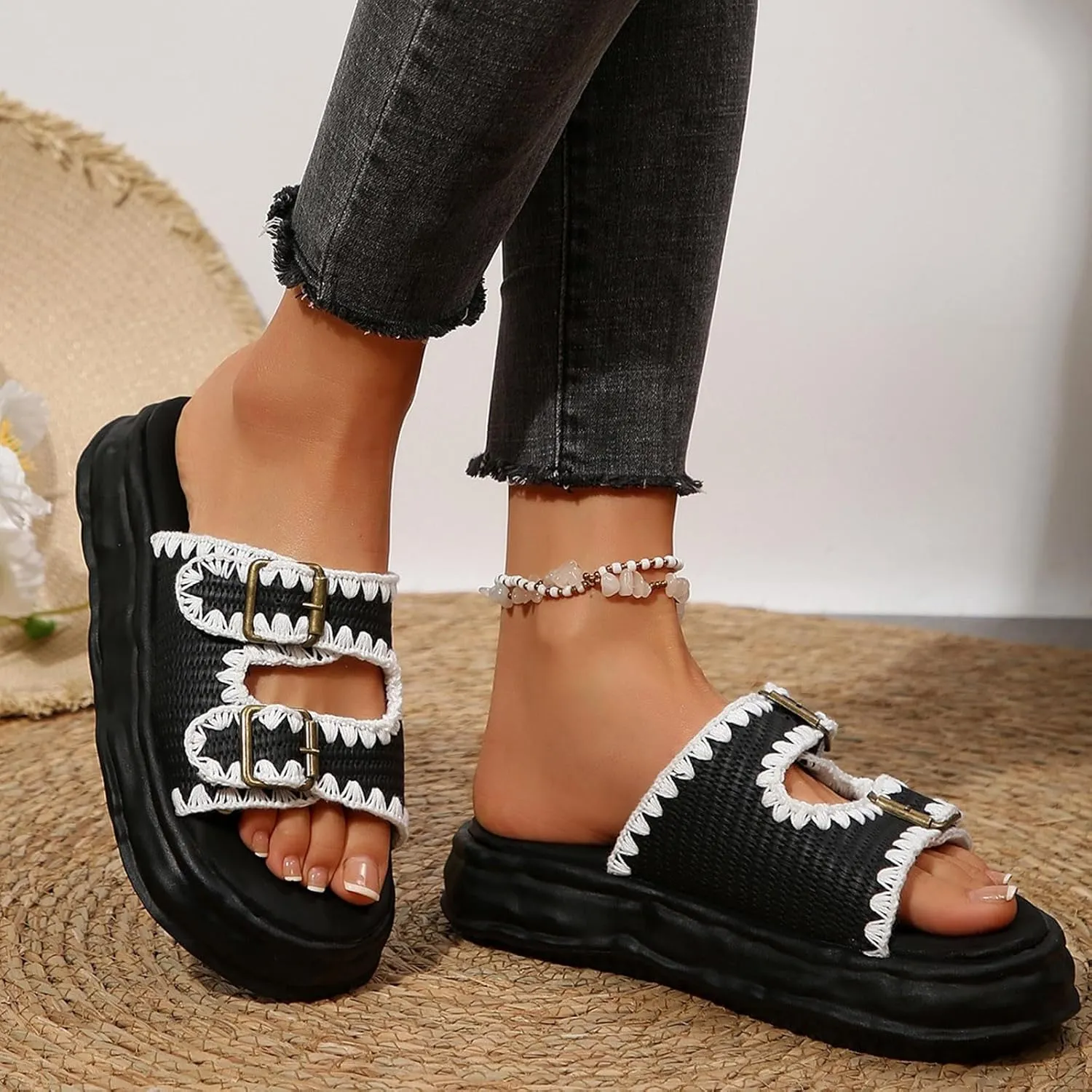SuanlaTDS Platform Sandals for Women Wedge 2025 Summer Dressy Wide Width Buckle Open Toe Slip-on Slippers Boho Low Heel Beach Shoes Thick Soled Outdoor Walking Work Slides Sandal