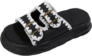 SuanlaTDS Platform Sandals for Women Wedge 2025 Summer Dressy Wide Width Buckle Open Toe Slip-on Slippers Boho Low Heel Beach Shoes Thick Soled Outdoor Walking Work Slides Sandal