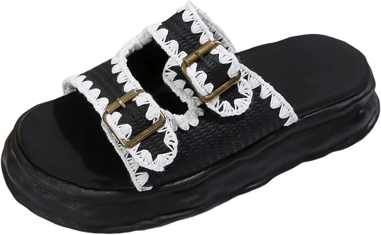 SuanlaTDS Platform Sandals for Women Wedge 2025 Summer Dressy Wide Width Buckle Open Toe Slip-on Slippers Boho Low Heel Beach Shoes Thick Soled Outdoor Walking Work Slides Sandal
