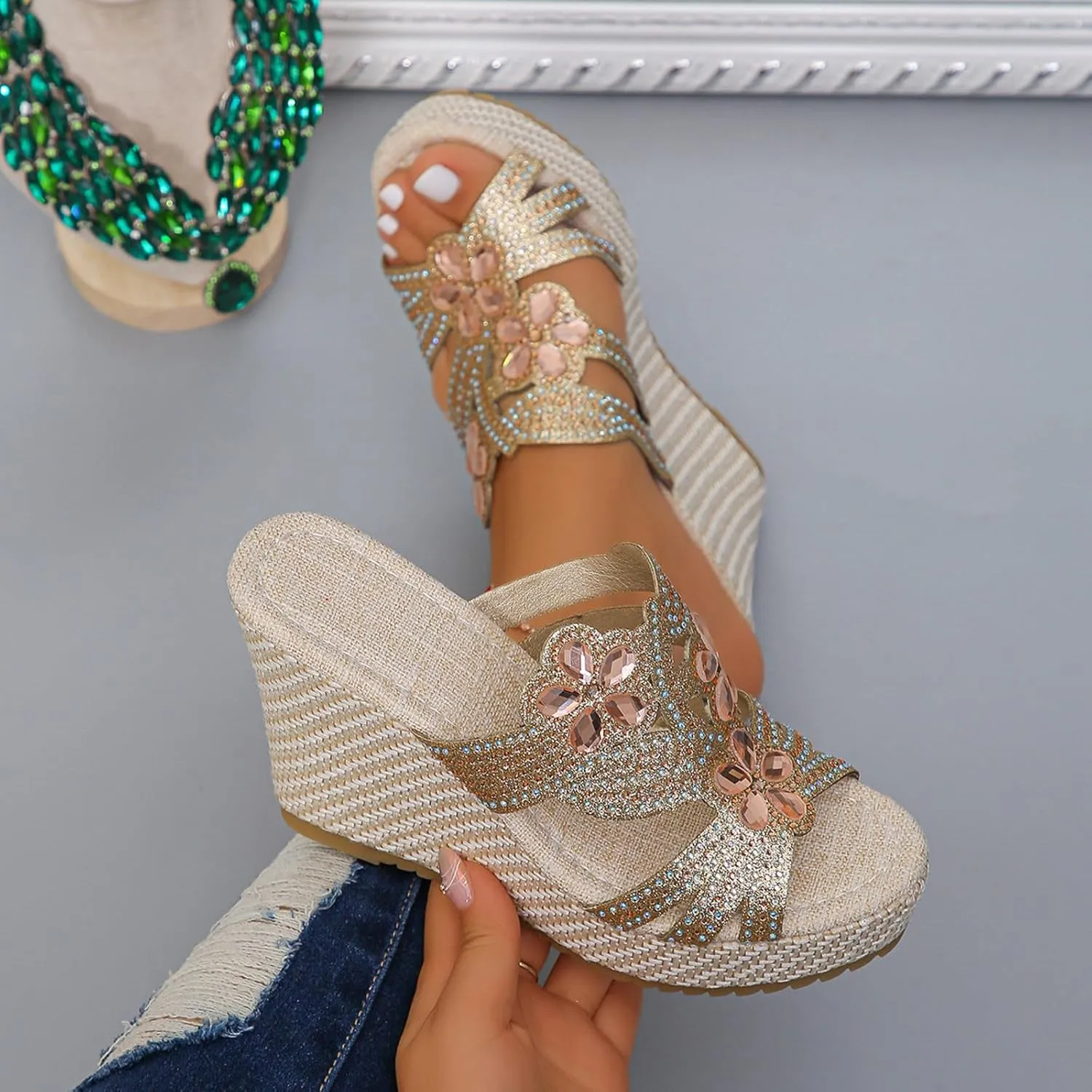 SuanlaTDS Wedge Sandals for Women Dressy Summer Espadrille Platform Slip On Comfortable Beach Walking Shoes Rhinestones Open Toe Wedges Slides High Heels Party Sandal Slippers