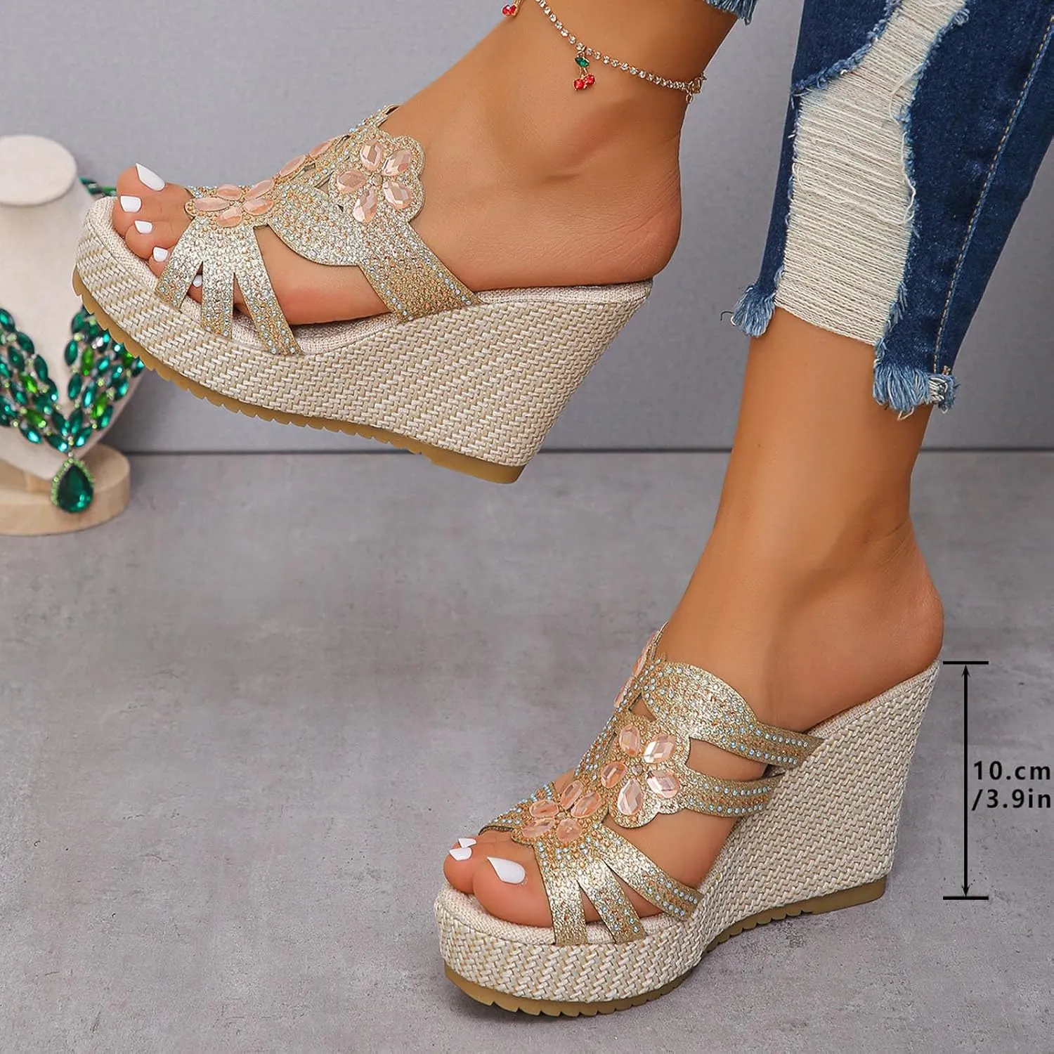 SuanlaTDS Wedge Sandals for Women Dressy Summer Espadrille Platform Slip On Comfortable Beach Walking Shoes Rhinestones Open Toe Wedges Slides High Heels Party Sandal Slippers