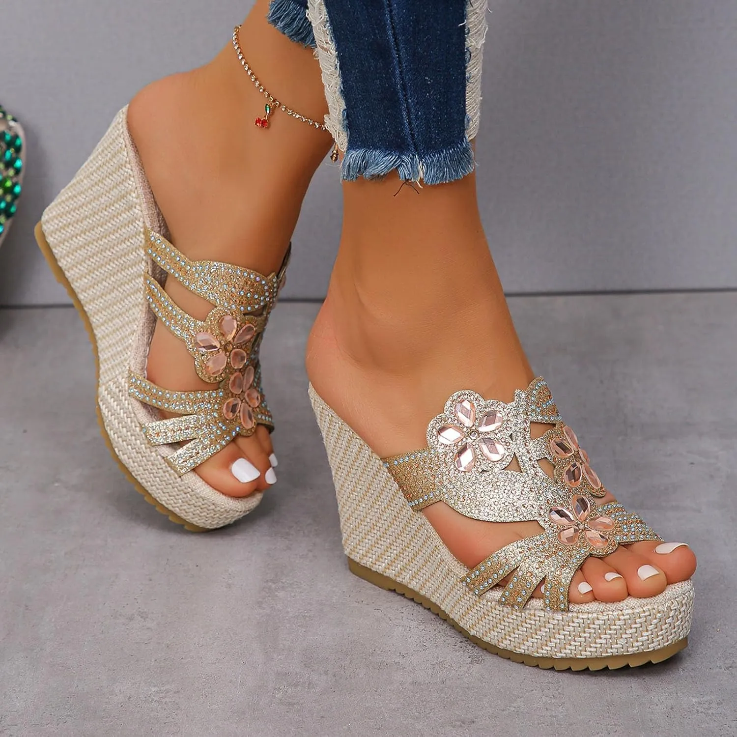 SuanlaTDS Wedge Sandals for Women Dressy Summer Espadrille Platform Slip On Comfortable Beach Walking Shoes Rhinestones Open Toe Wedges Slides High Heels Party Sandal Slippers