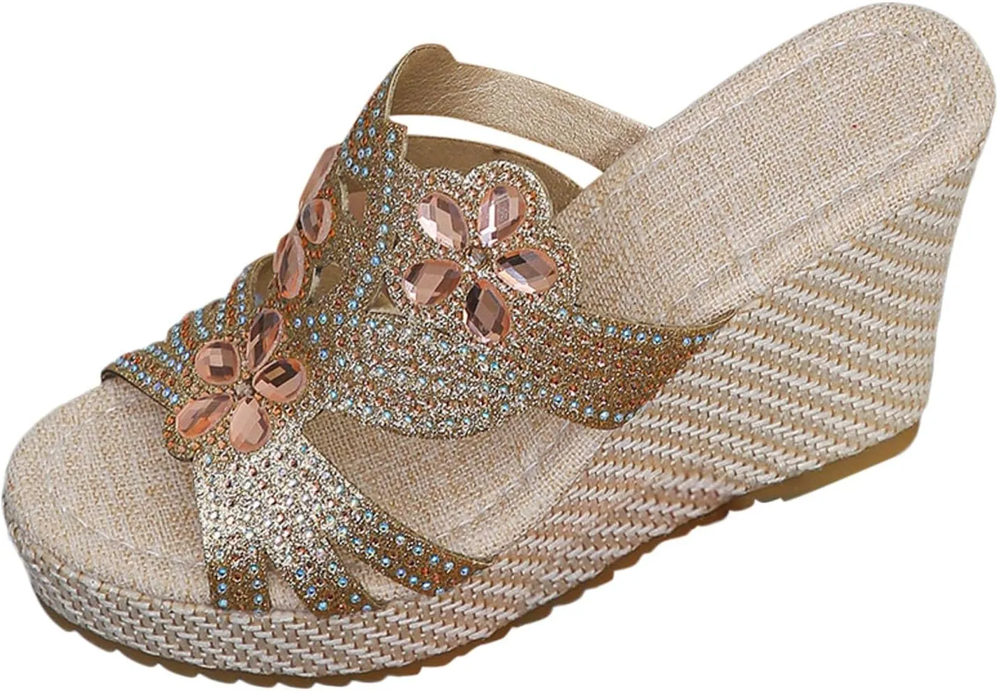 SuanlaTDS Wedge Sandals for Women Dressy Summer Espadrille Platform Slip On Comfortable Beach Walking Shoes Rhinestones Open Toe Wedges Slides High Heels Party Sandal Slippers