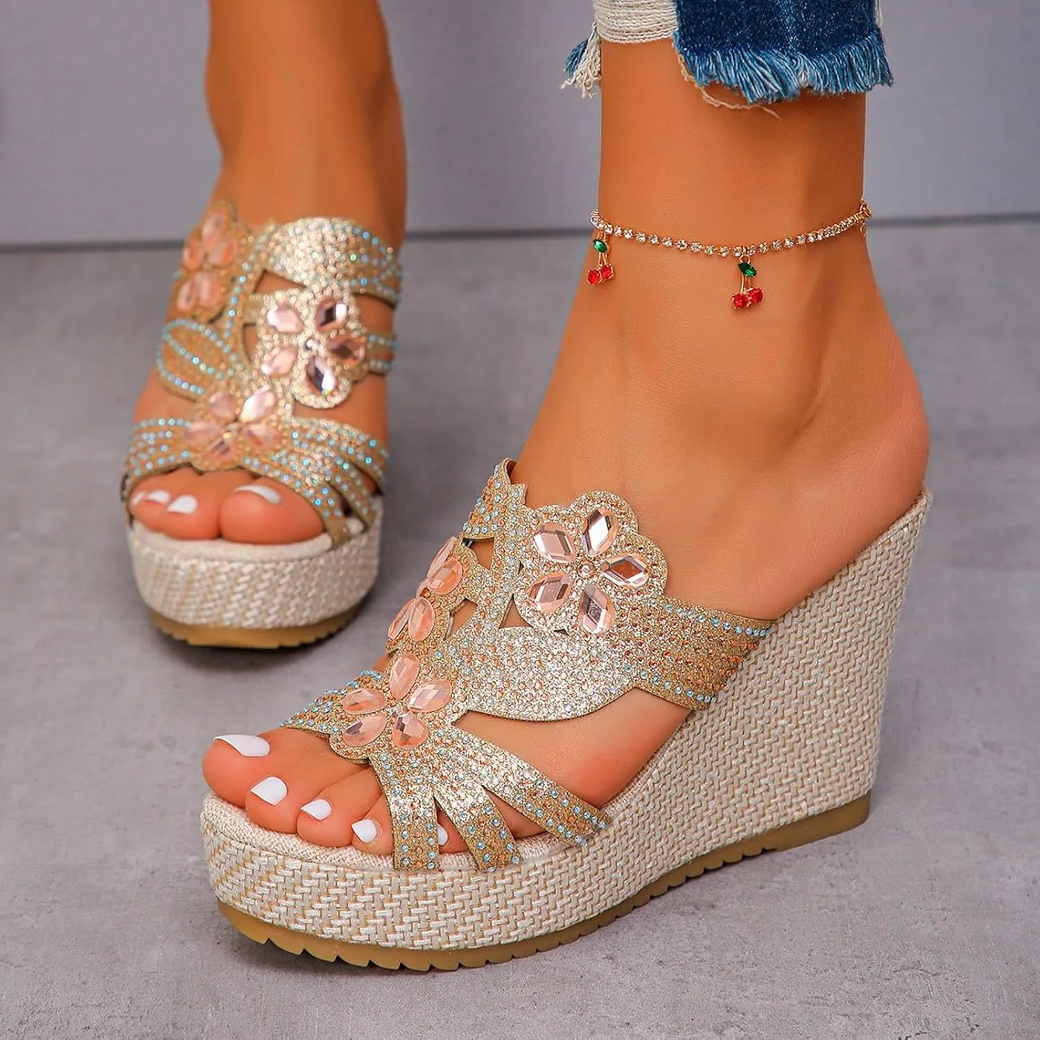 SuanlaTDS Wedge Sandals for Women Dressy Summer Espadrille Platform Slip On Comfortable Beach Walking Shoes Rhinestones Open Toe Wedges Slides High Heels Party Sandal Slippers