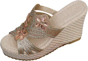 SuanlaTDS Wedge Sandals for Women Dressy Summer Espadrille Platform Slip On Comfortable Beach Walking Shoes Rhinestones Open Toe Wedges Slides High Heels Party Sandal Slippers