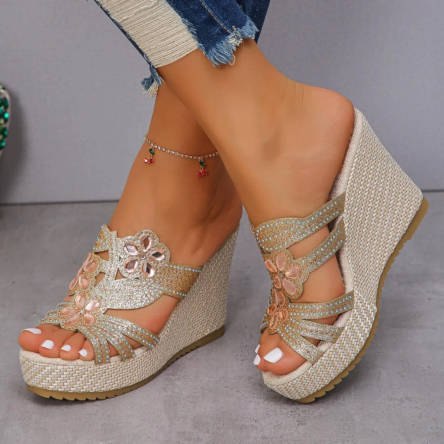 SuanlaTDS Wedge Sandals for Women Dressy Summer Espadrille Platform Slip On Comfortable Beach Walking Shoes Rhinestones Open Toe Wedges Slides High Heels Party Sandal Slippers