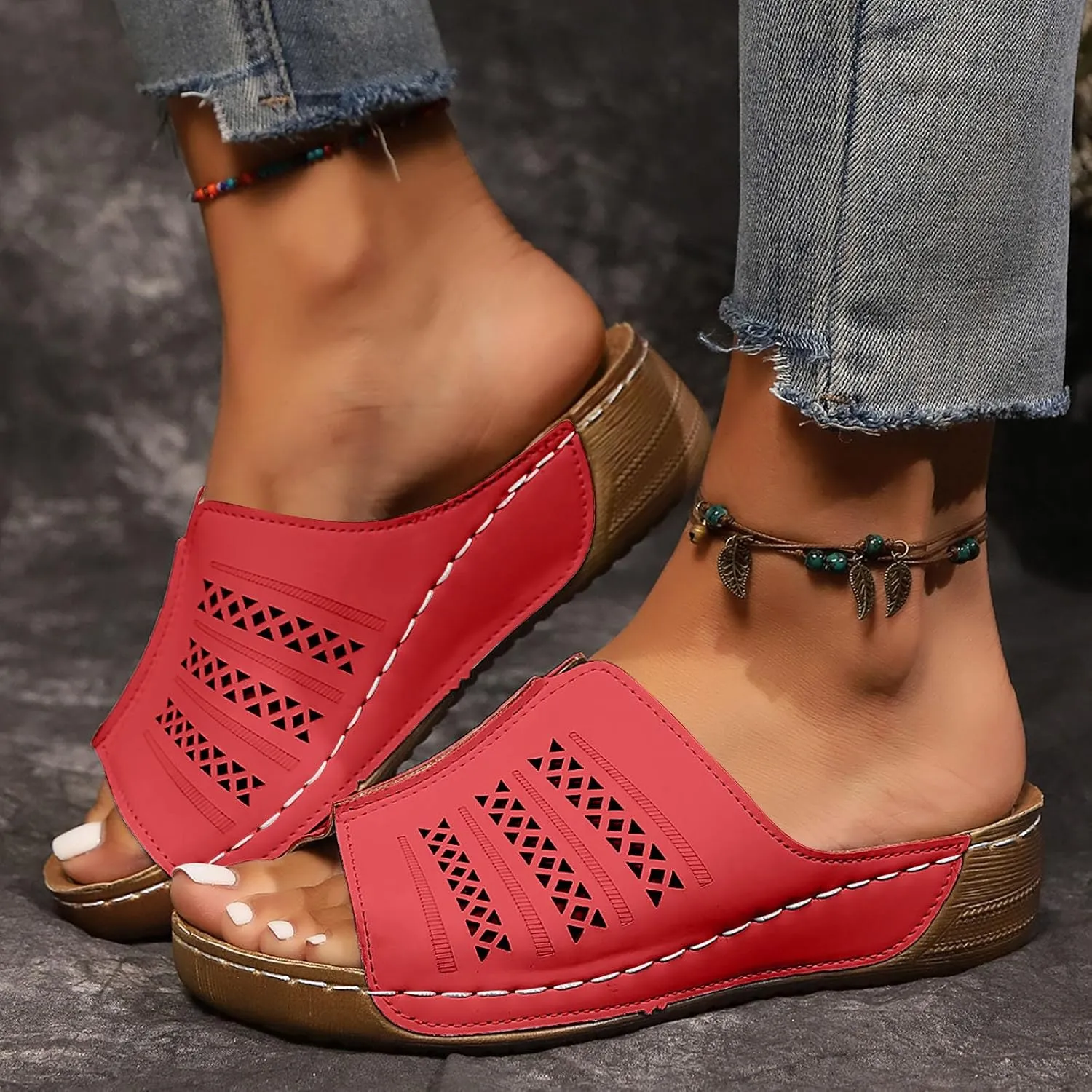 SuanlaTDS Wedge Sandals for Women Summer 2025 Orthopedic Wide Width Slip-on Slippers Dressy Comfortable Arch Support Open Toe Beach Slides Walking Shoes Outdoor Low Heel Wedges Sandal