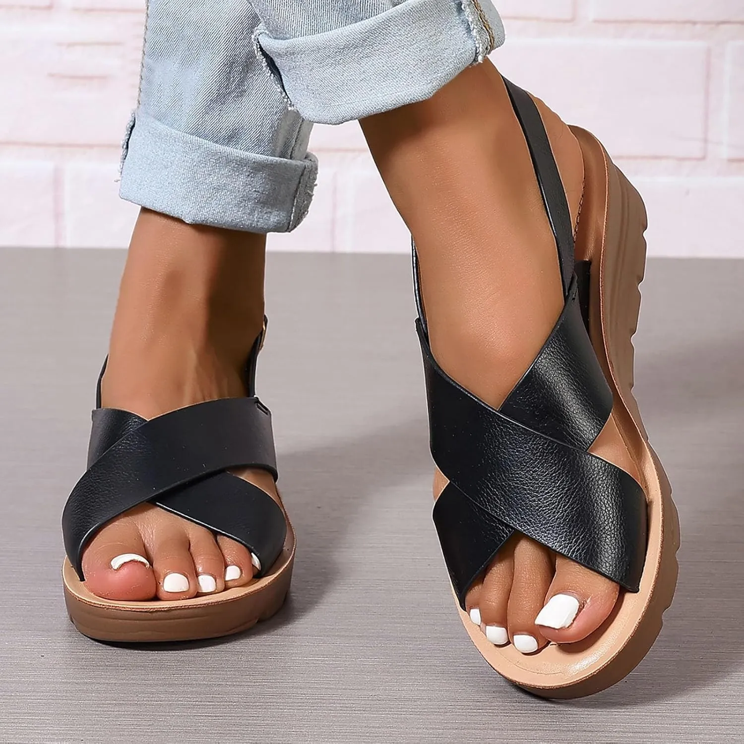 SuanlaTDS Wedge Sandals for Women Summer 2025 Platform Open Toe Low Heel Slingback Comfortable Adjustable Ankle Strap Daily Wear Outdoor Dressy Beach Walking Heeled Sandal