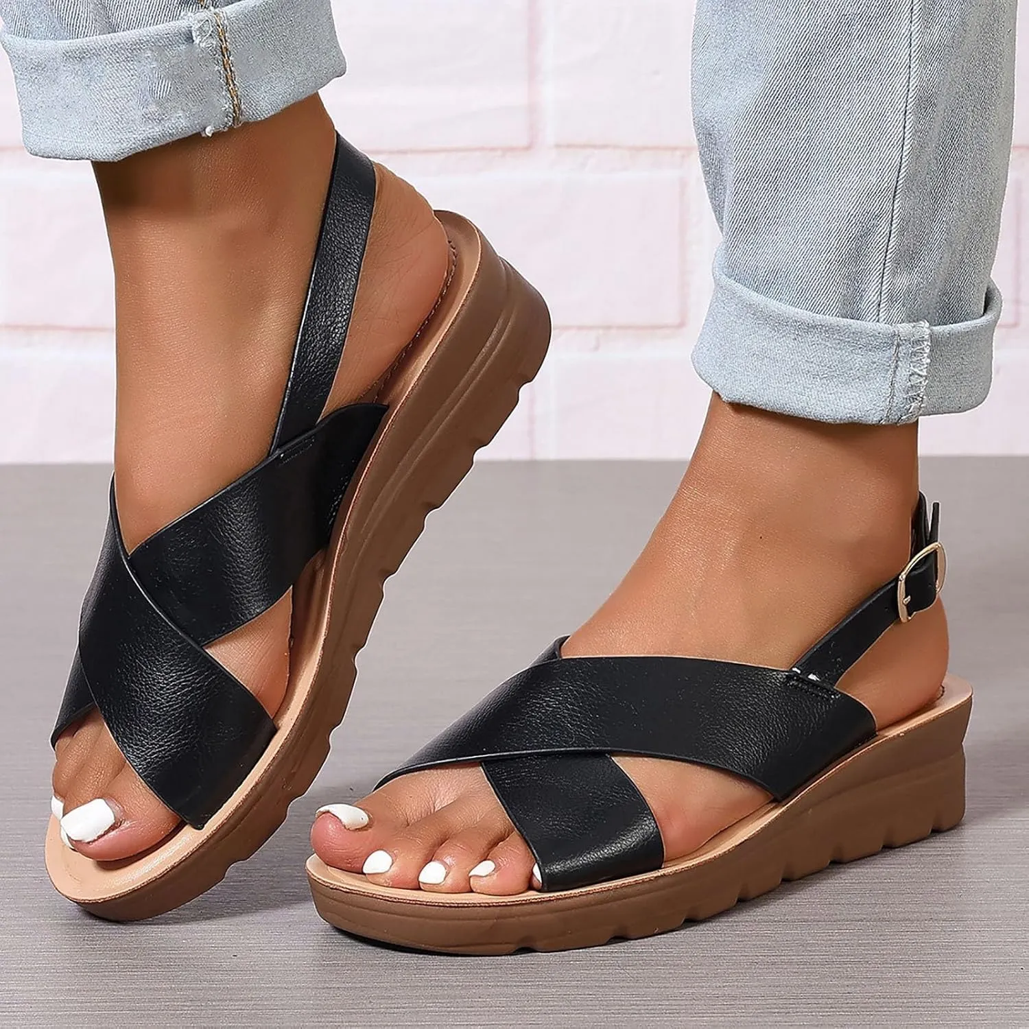 SuanlaTDS Wedge Sandals for Women Summer 2025 Platform Open Toe Low Heel Slingback Comfortable Adjustable Ankle Strap Daily Wear Outdoor Dressy Beach Walking Heeled Sandal