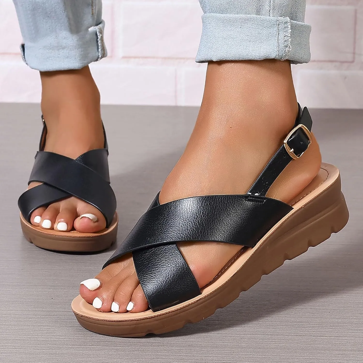 SuanlaTDS Wedge Sandals for Women Summer 2025 Platform Open Toe Low Heel Slingback Comfortable Adjustable Ankle Strap Daily Wear Outdoor Dressy Beach Walking Heeled Sandal