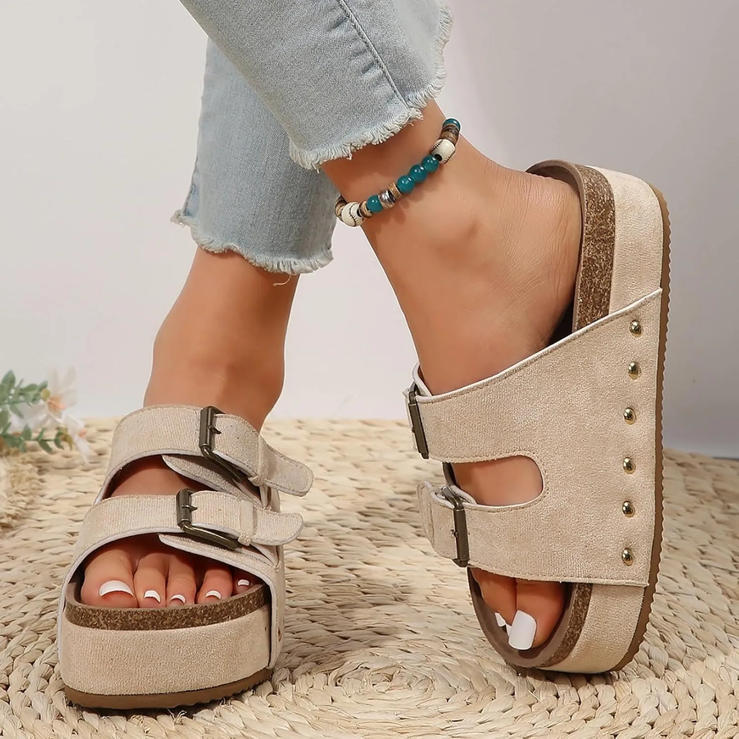 SuanlaTDS Women's Platform Sandals Slip-on Slides Buckle Open Toe Wedge Bohemia Mules 2025 Summer Beach Casual Low Heel Comfortable Flatform Dressy Outdoor Daily Wear Slide Slippers