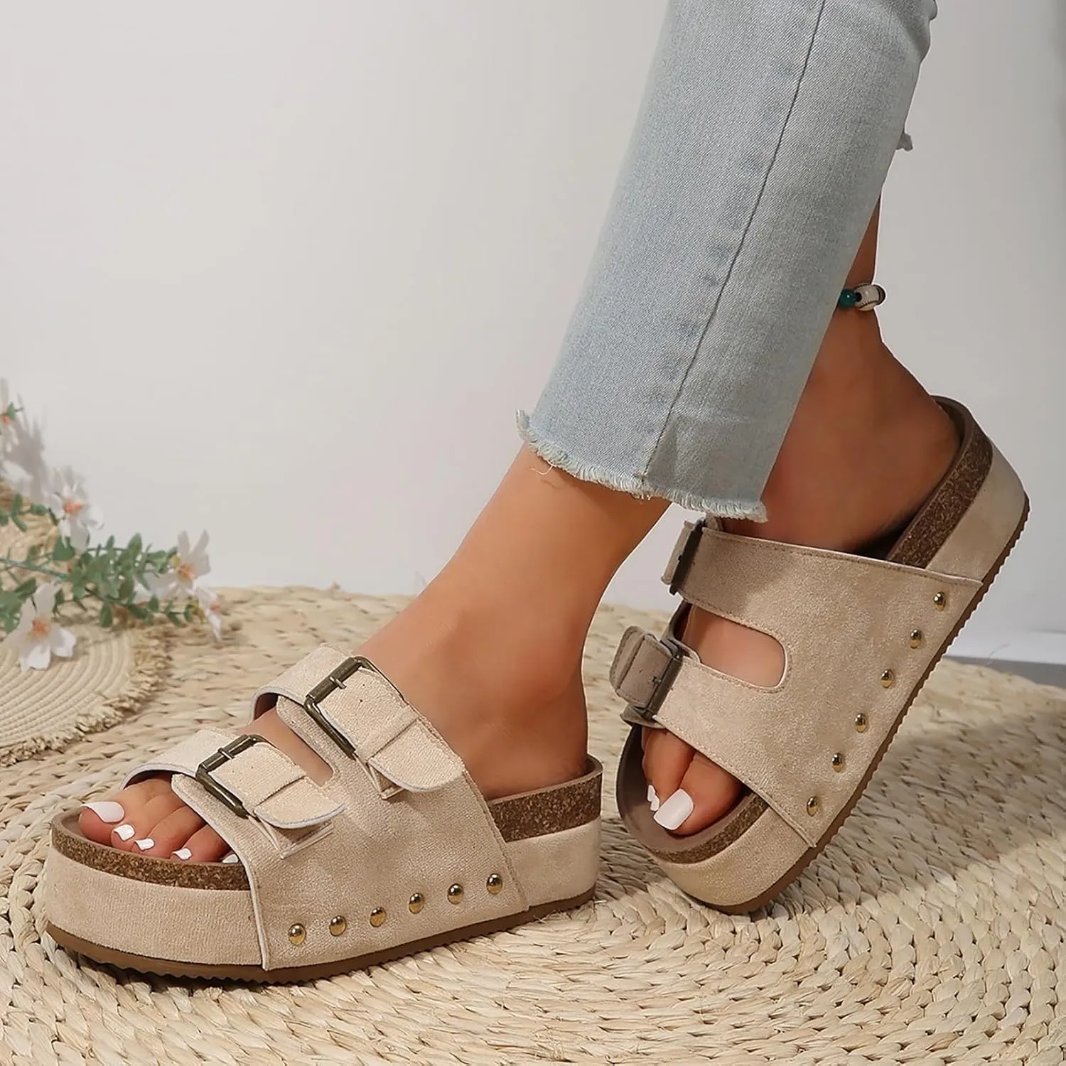 SuanlaTDS Women's Platform Sandals Slip-on Slides Buckle Open Toe Wedge Bohemia Mules 2025 Summer Beach Casual Low Heel Comfortable Flatform Dressy Outdoor Daily Wear Slide Slippers