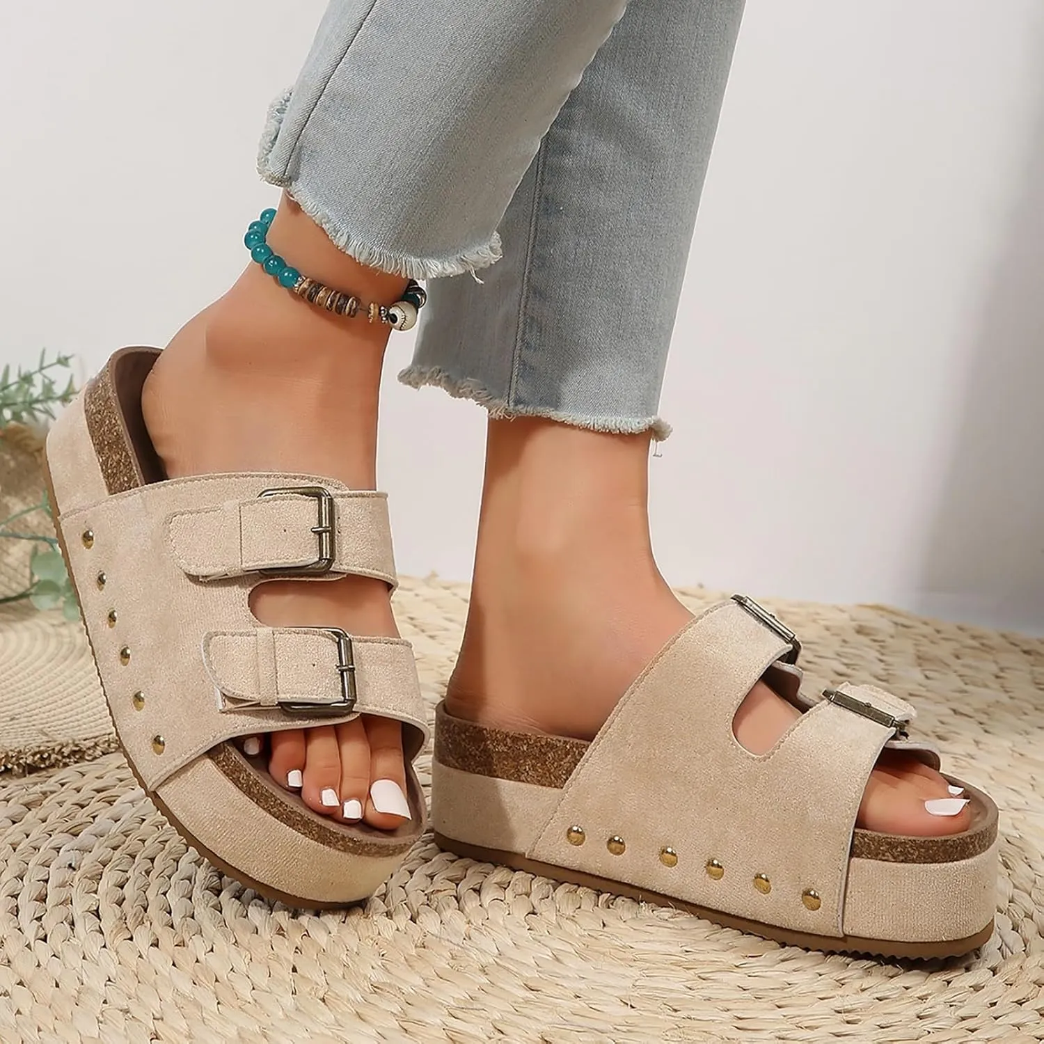 SuanlaTDS Women's Platform Sandals Slip-on Slides Buckle Open Toe Wedge Bohemia Mules 2025 Summer Beach Casual Low Heel Comfortable Flatform Dressy Outdoor Daily Wear Slide Slippers
