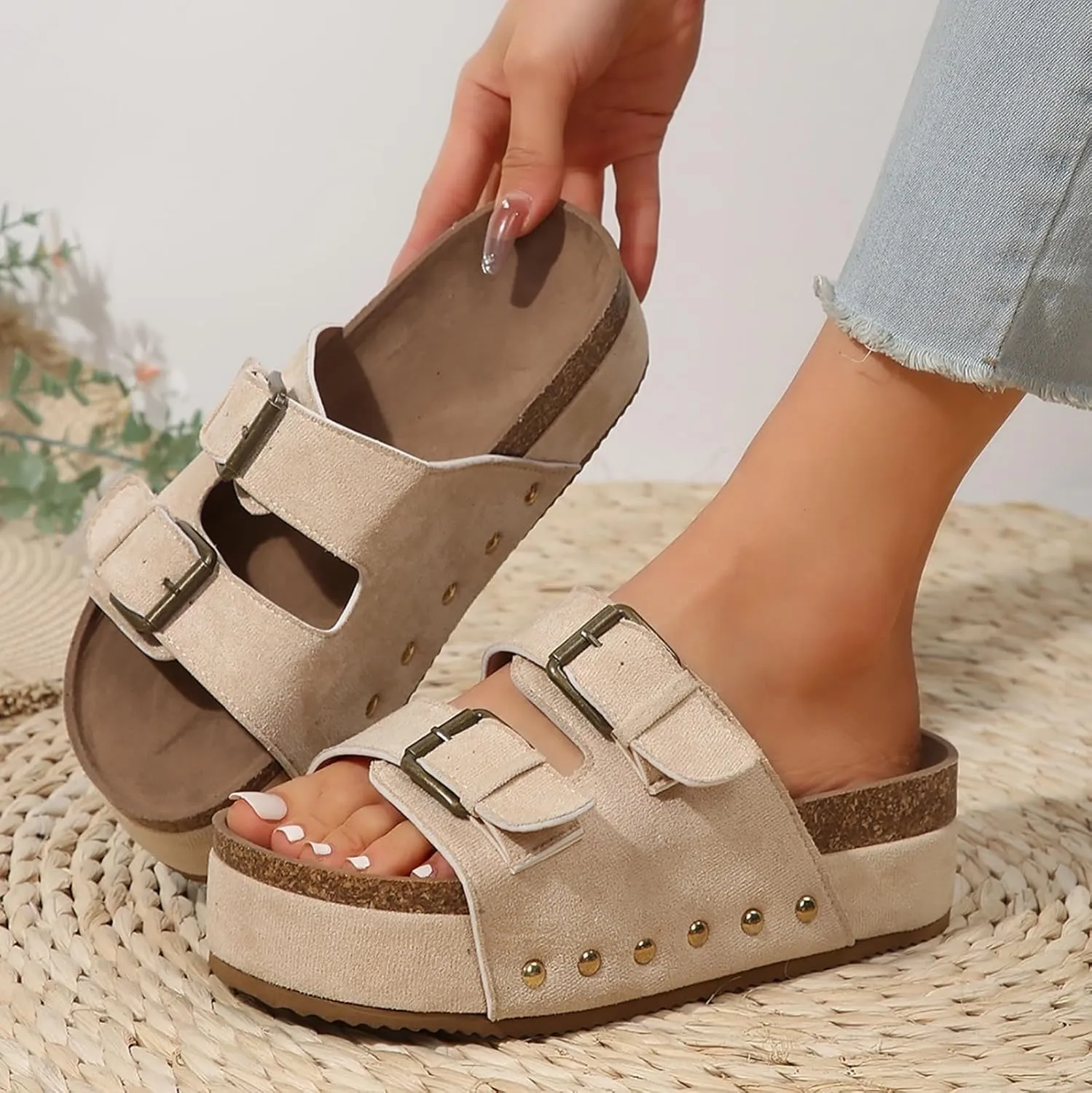 SuanlaTDS Women's Platform Sandals Slip-on Slides Buckle Open Toe Wedge Bohemia Mules 2025 Summer Beach Casual Low Heel Comfortable Flatform Dressy Outdoor Daily Wear Slide Slippers