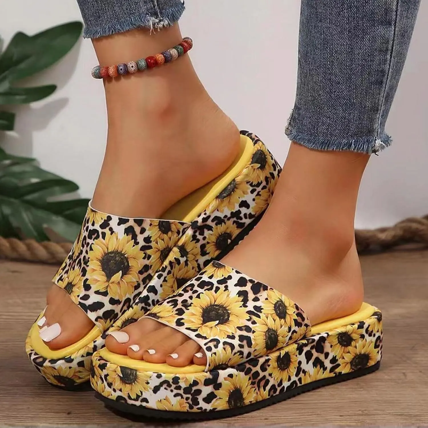 SuanlaTDS Women's Platform Slides Sandals Comfortable Footbed Open Toe Slip On Low Wedges Heels Summer Beach Shoes Casual Dressy Flatform Slippers Heeled Slide Sandal Waking Shoes