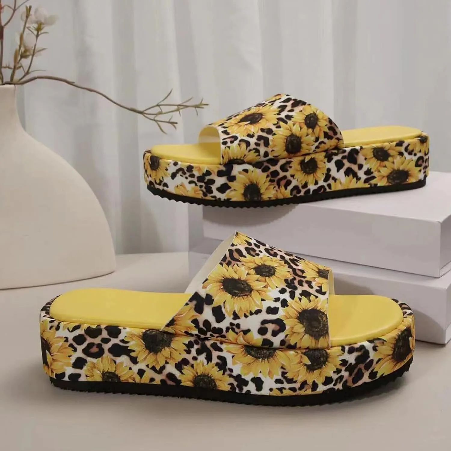 SuanlaTDS Women's Platform Slides Sandals Comfortable Footbed Open Toe Slip On Low Wedges Heels Summer Beach Shoes Casual Dressy Flatform Slippers Heeled Slide Sandal Waking Shoes