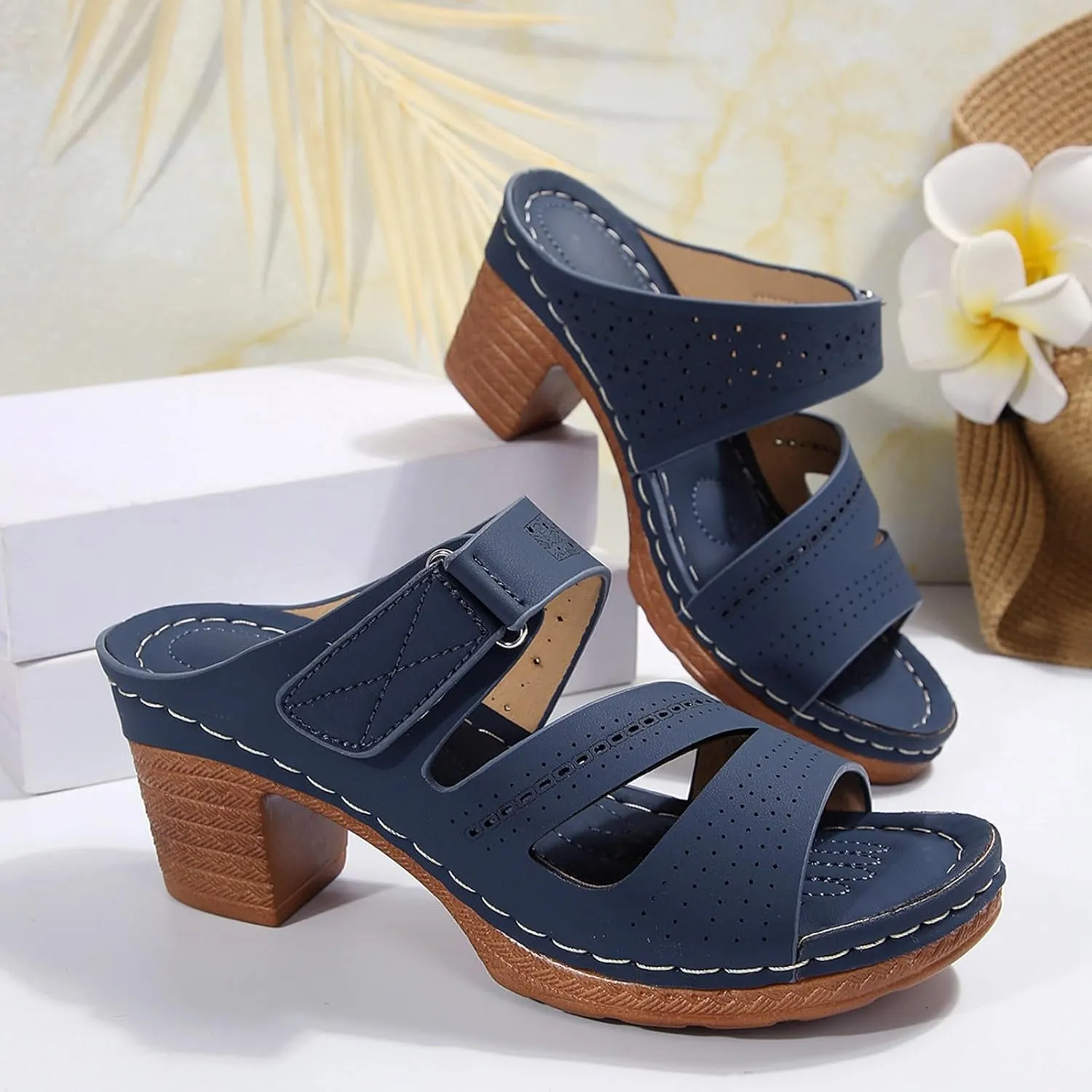 SuanlaTDS Women's Platform Wedge Sandals Comfortable Cutout Open Toe Slip On Slides Sandal with Arch Support Low Chunky Block Heels Outdoor Wedding Party Dance Pumps Wedges Sandals