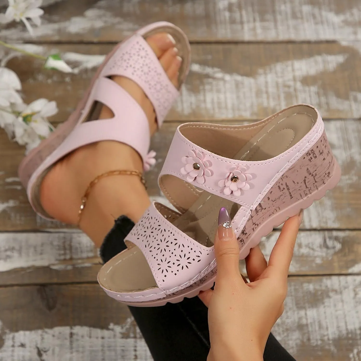 SuanlaTDS Womens Sandals Comfortable Platform Wedges Slip On Orthopedic Sandals with Arch Support Casual Summer Open Toe High Heels Slide Sandals Slippers Wedge Outdoor Walking Shoes