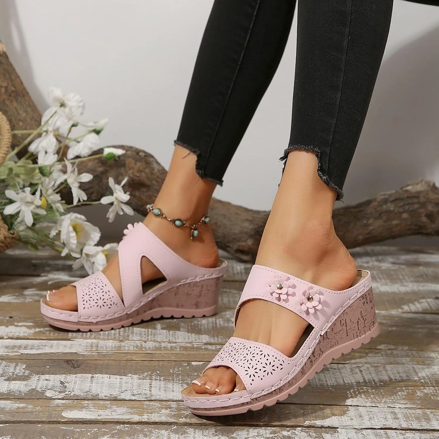 SuanlaTDS Womens Sandals Comfortable Platform Wedges Slip On Orthopedic Sandals with Arch Support Casual Summer Open Toe High Heels Slide Sandals Slippers Wedge Outdoor Walking Shoes