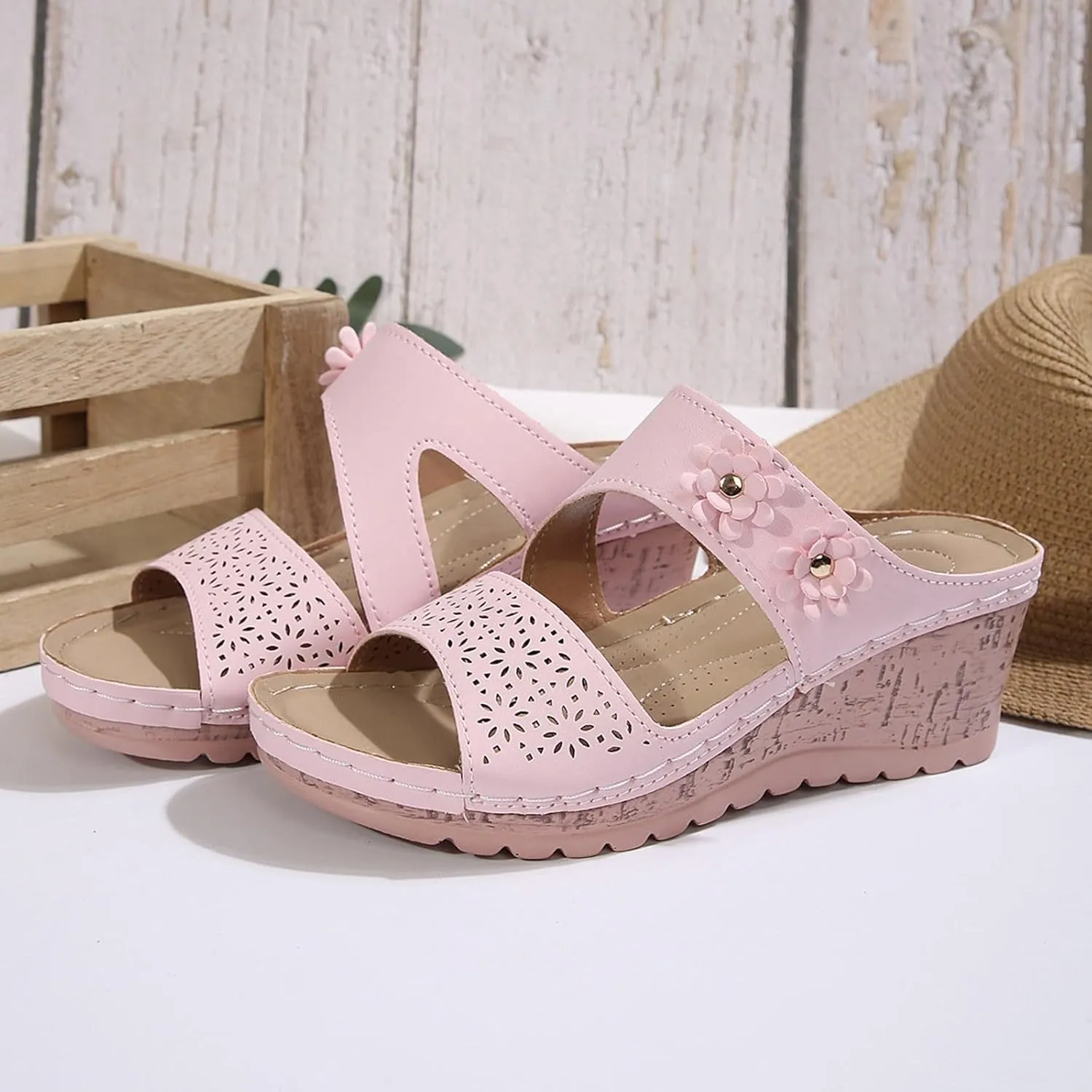 SuanlaTDS Womens Sandals Comfortable Platform Wedges Slip On Orthopedic Sandals with Arch Support Casual Summer Open Toe High Heels Slide Sandals Slippers Wedge Outdoor Walking Shoes