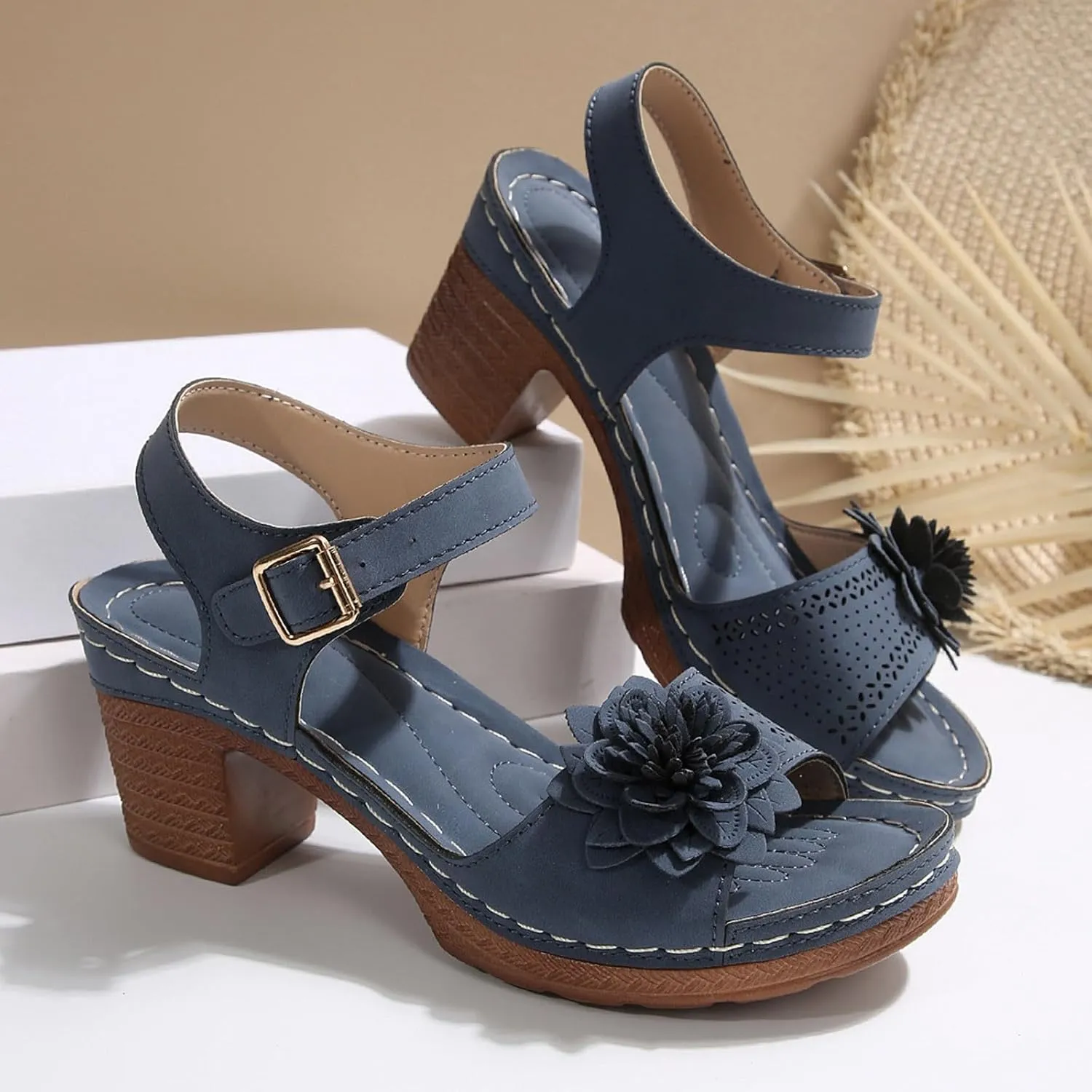 SuanlaTDS Womens Sandals High Heels Round Toe Ankle Strap Buckle Comfortable Wedge Platform Chunky Block Heel Party Dress Dance Shoes Casual Open-toe Heeled Outdoor Sandals