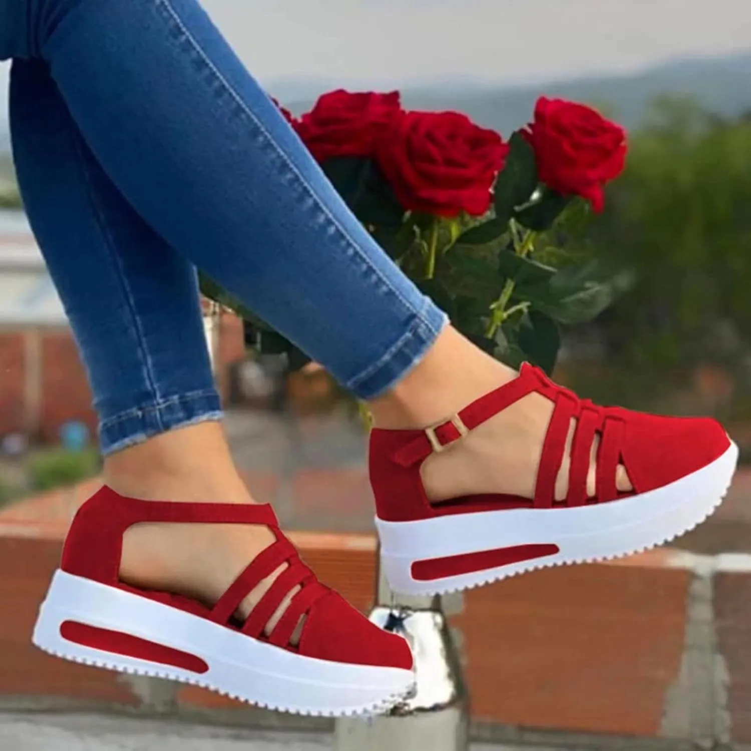 SuanlaTDS Womens Sandals Wedge Closed Toe Platform Spring Summer Sneakers with Ankle Strap Cut Out Dressy Comfortable Outdoor Walking Shoes Footwear Thick Bottom Low Heels Loafers