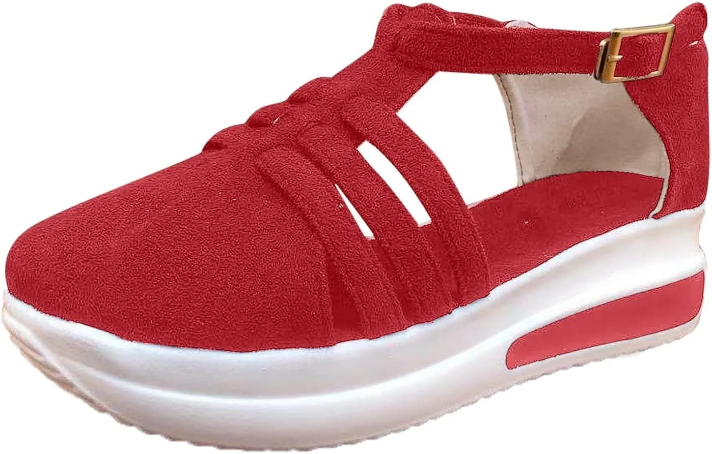 SuanlaTDS Womens Sandals Wedge Closed Toe Platform Spring Summer Sneakers with Ankle Strap Cut Out Dressy Comfortable Outdoor Walking Shoes Footwear Thick Bottom Low Heels Loafers