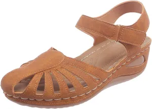 SuanlaTDS Womens Wedge Orthopedic Sandals Closed Toe 2025 Summer Beach Comfortable Arch Support Platform Bohemian Dressy Outdoor Walking Shoes Low Heels Adjustable Ankle Strap Wedges Sandal