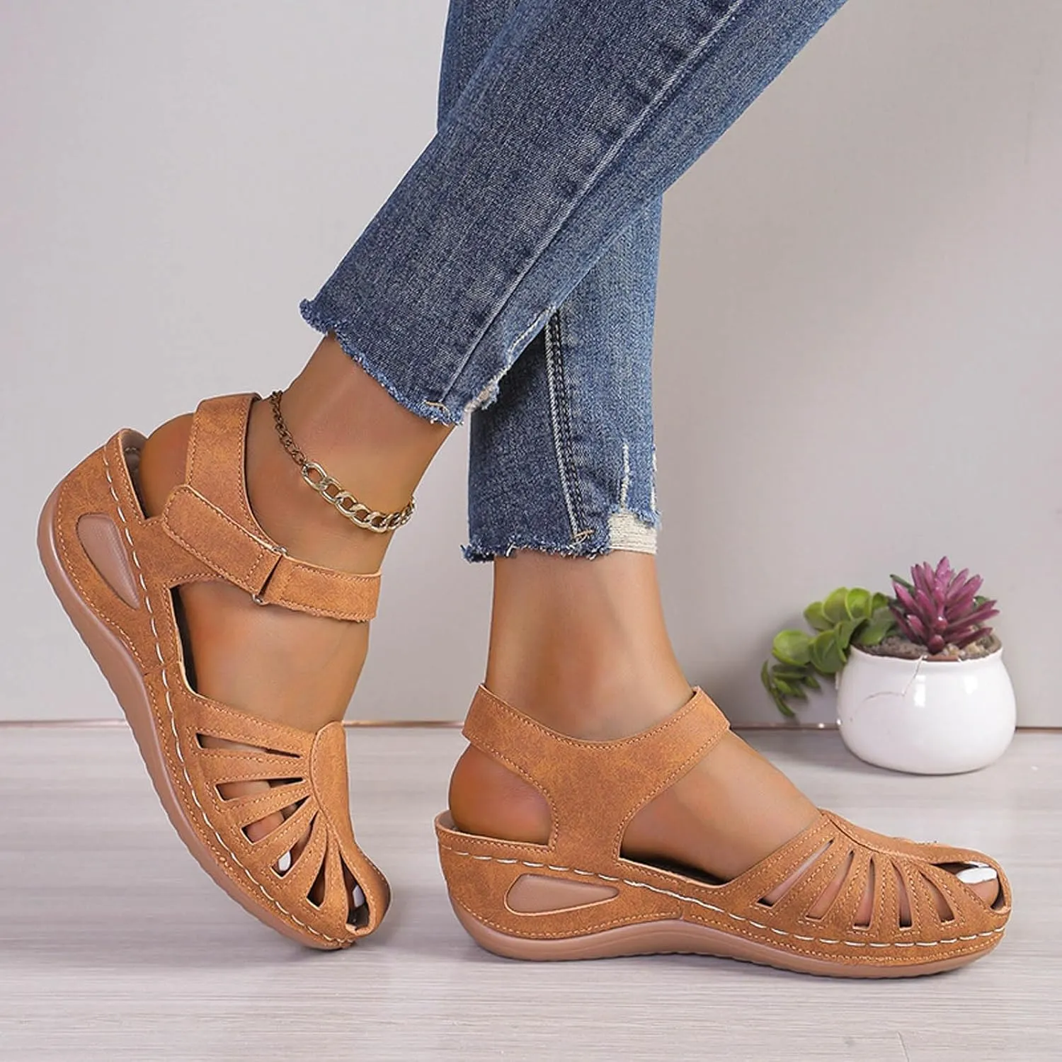 SuanlaTDS Womens Wedge Orthopedic Sandals Closed Toe 2025 Summer Beach Comfortable Arch Support Platform Bohemian Dressy Outdoor Walking Shoes Low Heels Adjustable Ankle Strap Wedges Sandal