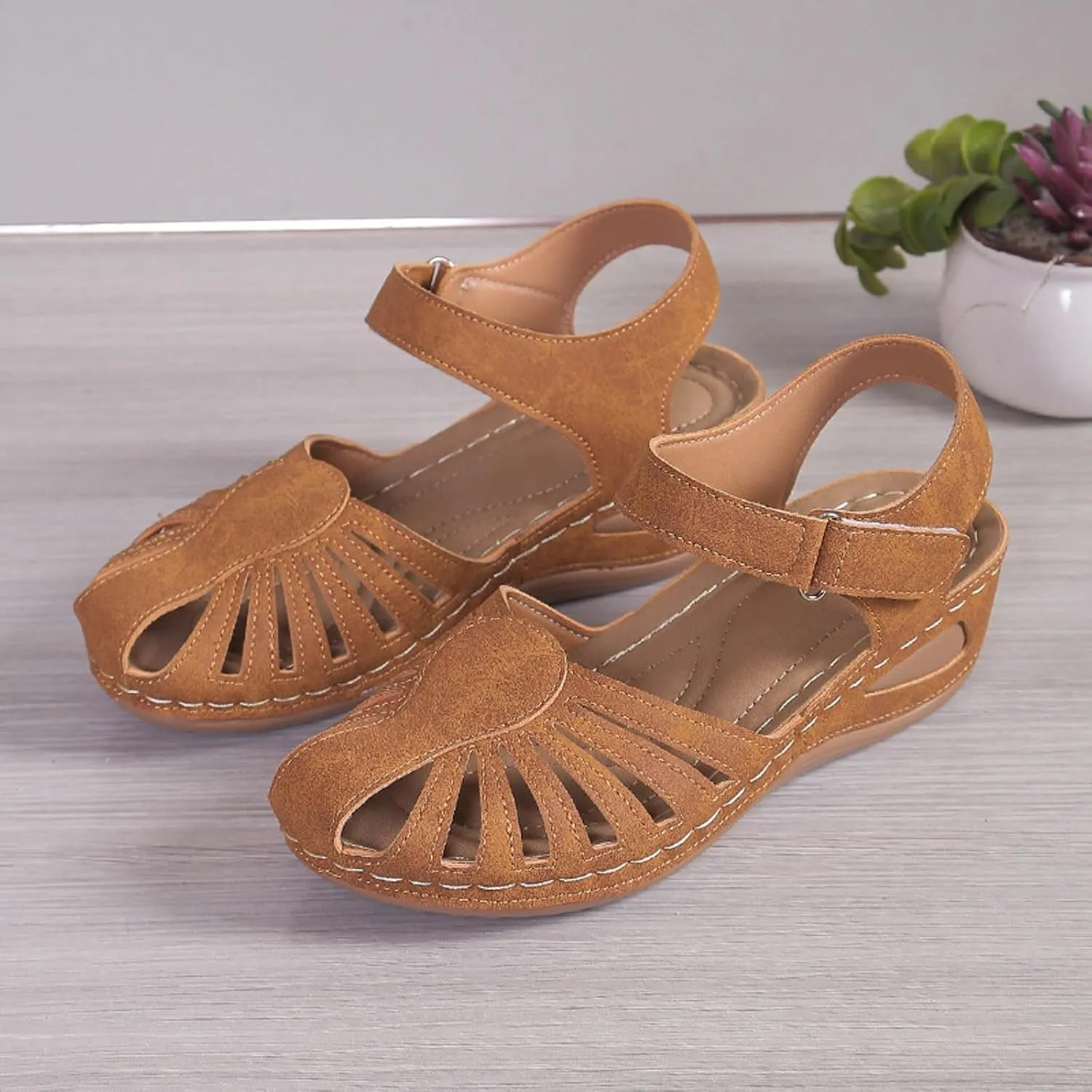SuanlaTDS Womens Wedge Orthopedic Sandals Closed Toe 2025 Summer Beach Comfortable Arch Support Platform Bohemian Dressy Outdoor Walking Shoes Low Heels Adjustable Ankle Strap Wedges Sandal