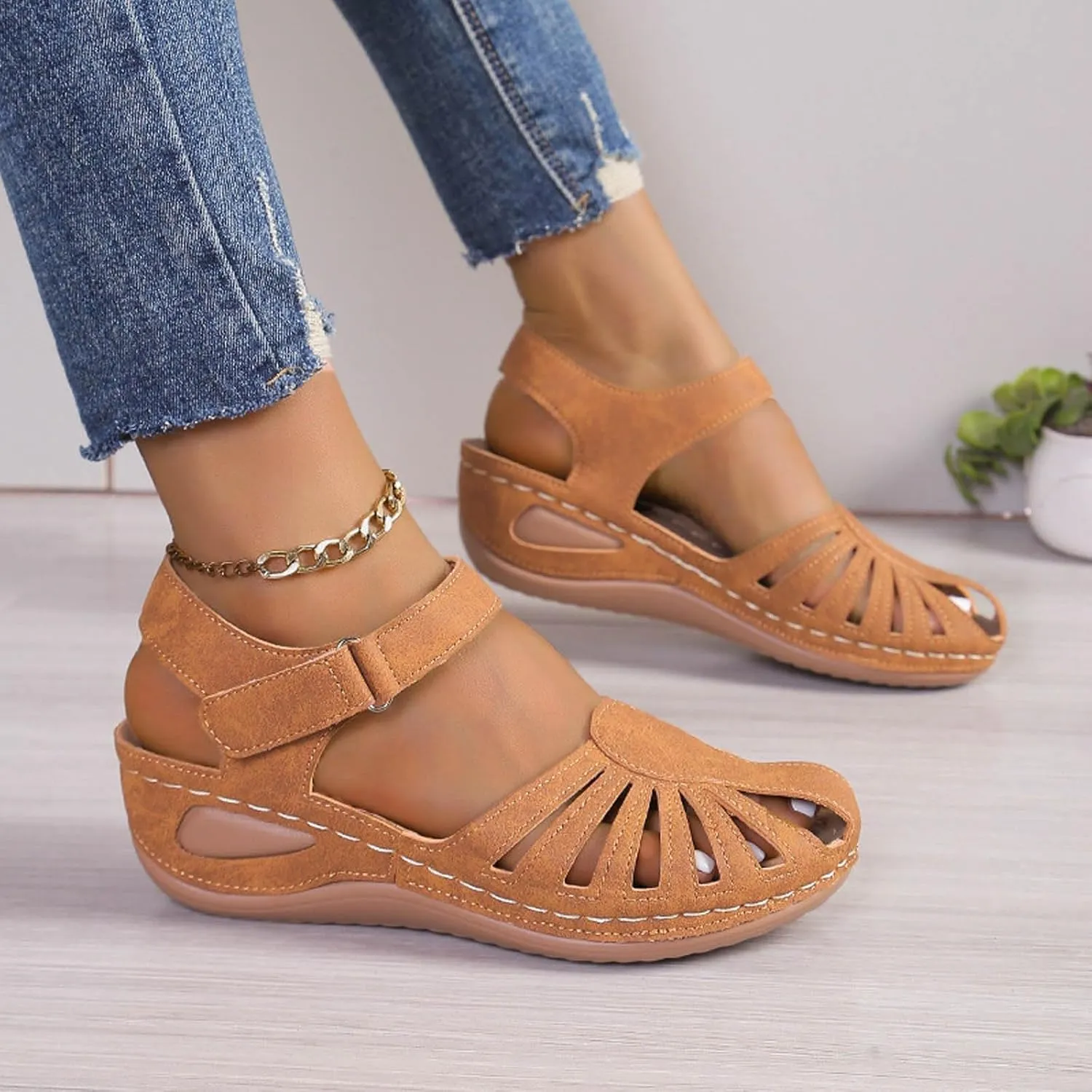 SuanlaTDS Womens Wedge Orthopedic Sandals Closed Toe 2025 Summer Beach Comfortable Arch Support Platform Bohemian Dressy Outdoor Walking Shoes Low Heels Adjustable Ankle Strap Wedges Sandal