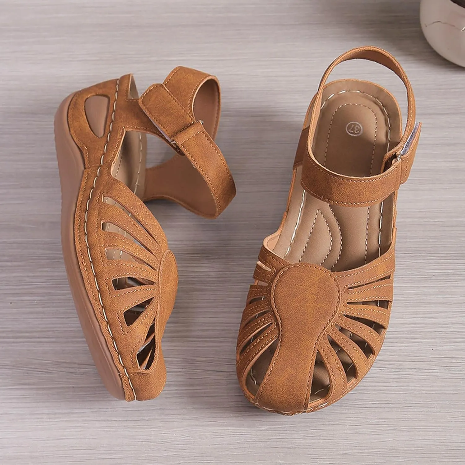 SuanlaTDS Womens Wedge Orthopedic Sandals Closed Toe 2025 Summer Beach Comfortable Arch Support Platform Bohemian Dressy Outdoor Walking Shoes Low Heels Adjustable Ankle Strap Wedges Sandal