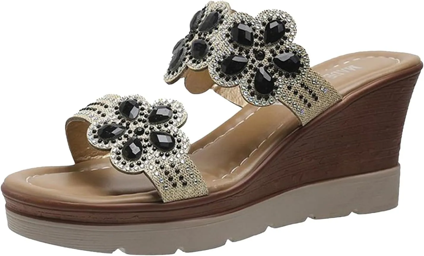 SuanlaTDS Womens Wedge Sandals Comfortable 2025 Summer Slip-On Slides Slippers Beach Walking Shoes Open Toe Dressy Outdoor Platform Daily Wear Wedges High Heels Sandal Mules