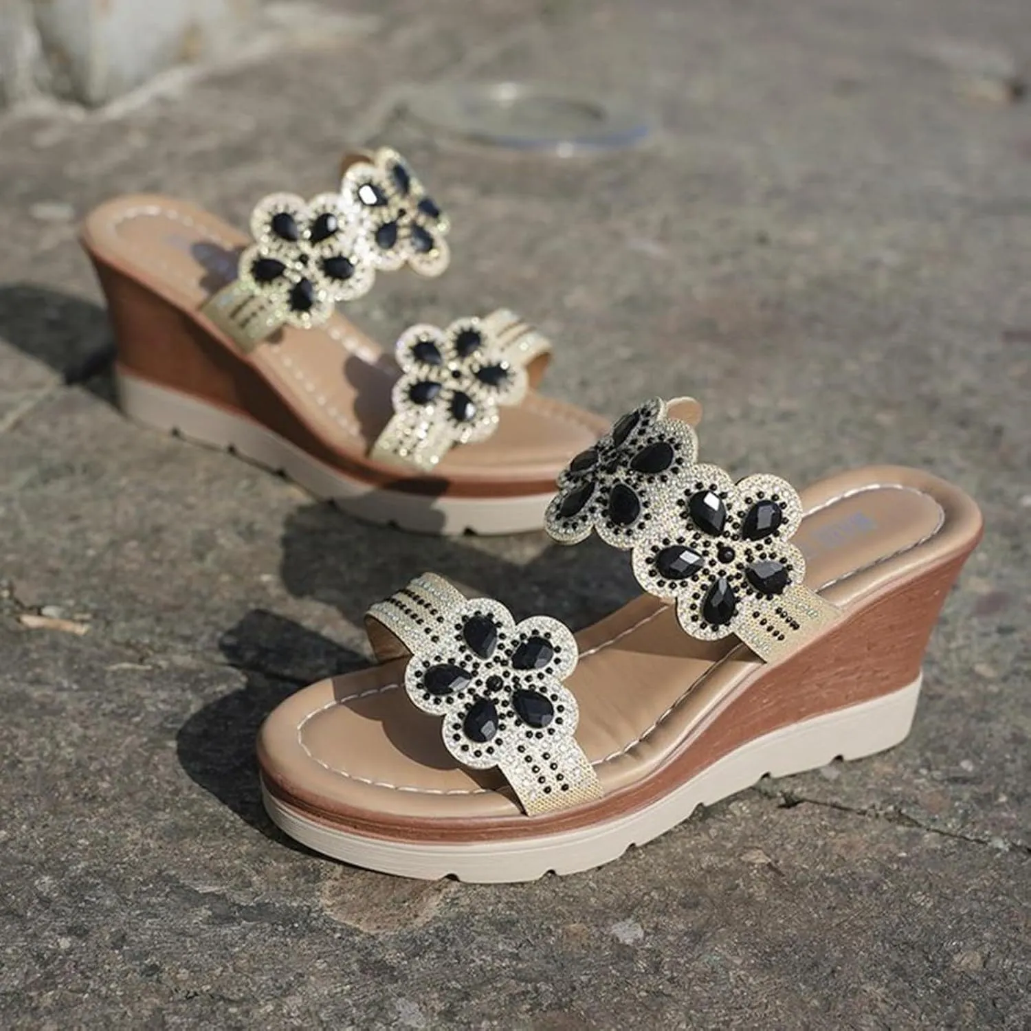SuanlaTDS Womens Wedge Sandals Comfortable 2025 Summer Slip-On Slides Slippers Beach Walking Shoes Open Toe Dressy Outdoor Platform Daily Wear Wedges High Heels Sandal Mules