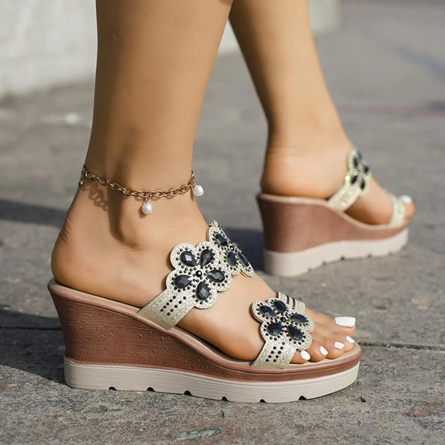 SuanlaTDS Womens Wedge Sandals Comfortable 2025 Summer Slip-On Slides Slippers Beach Walking Shoes Open Toe Dressy Outdoor Platform Daily Wear Wedges High Heels Sandal Mules