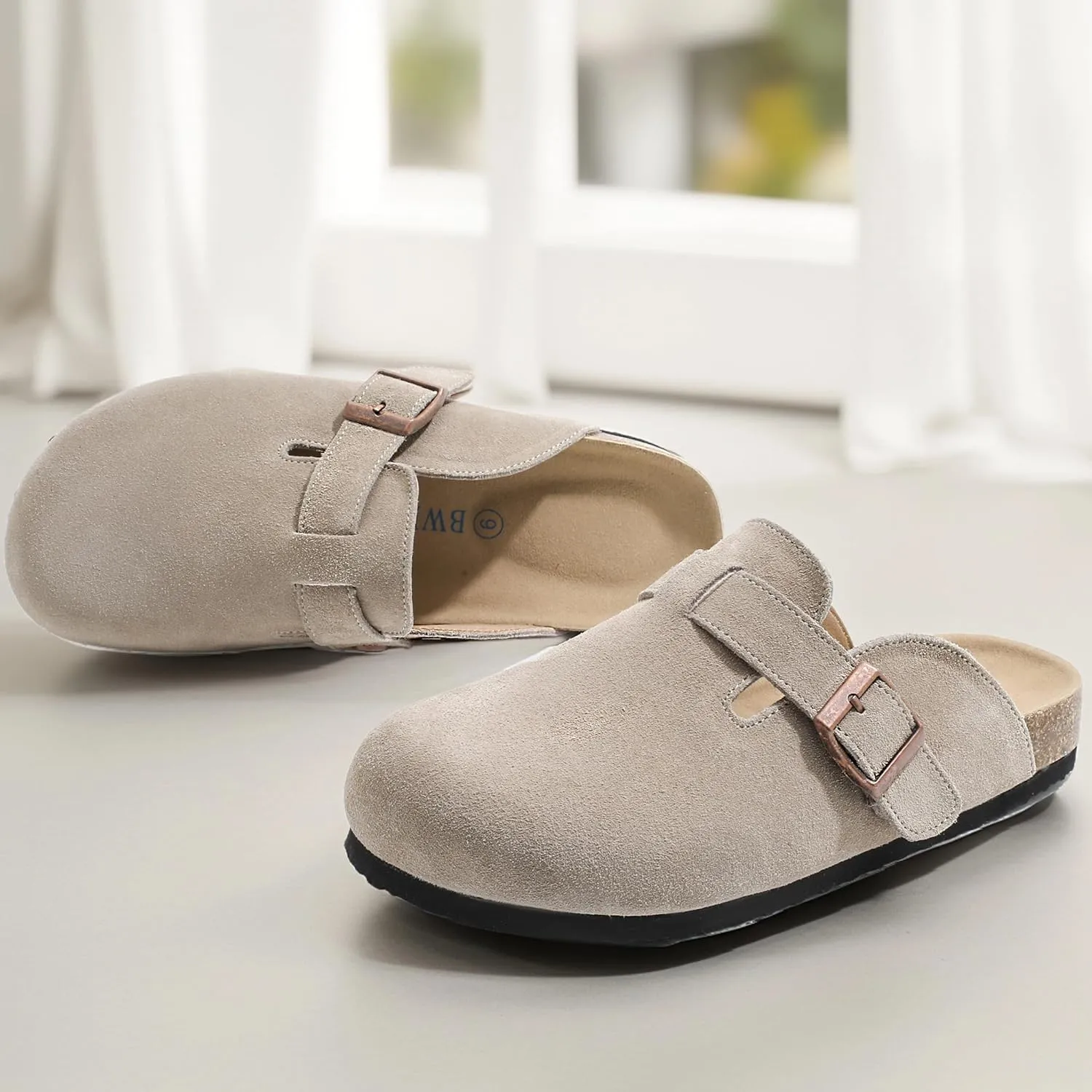 Suede Clogs for Women Leather Mules with Cork Footbed Arch Support Potato Shoes Men Womens Slip-On Clog with Adjustable Buckle Unisex Slippers Flats