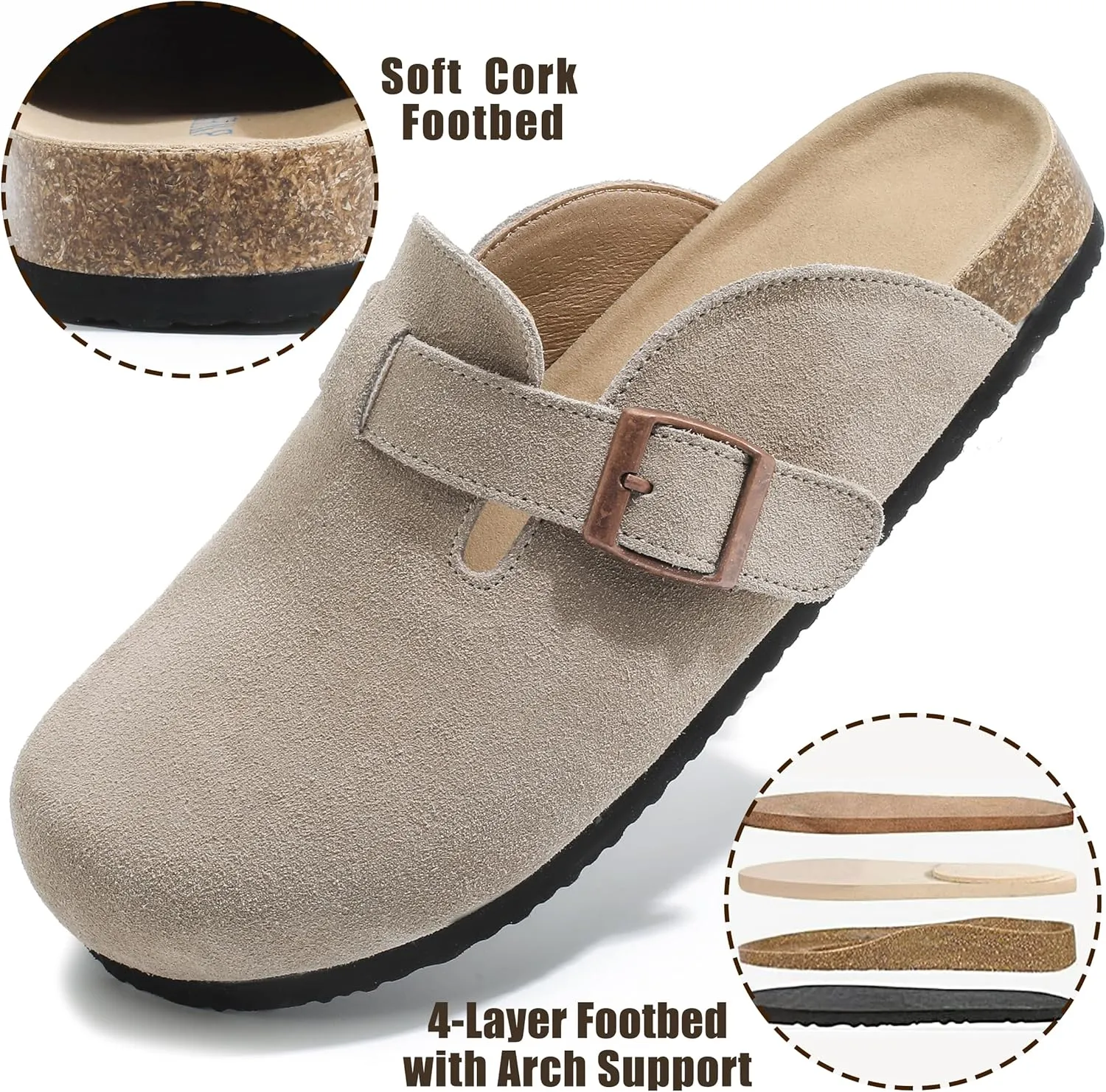 Suede Clogs for Women Leather Mules with Cork Footbed Arch Support Potato Shoes Men Womens Slip-On Clog with Adjustable Buckle Unisex Slippers Flats