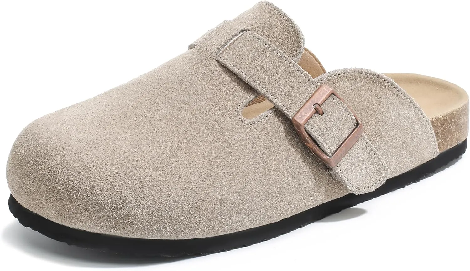 Suede Clogs for Women Leather Mules with Cork Footbed Arch Support Potato Shoes Men Womens Slip-On Clog with Adjustable Buckle Unisex Slippers Flats